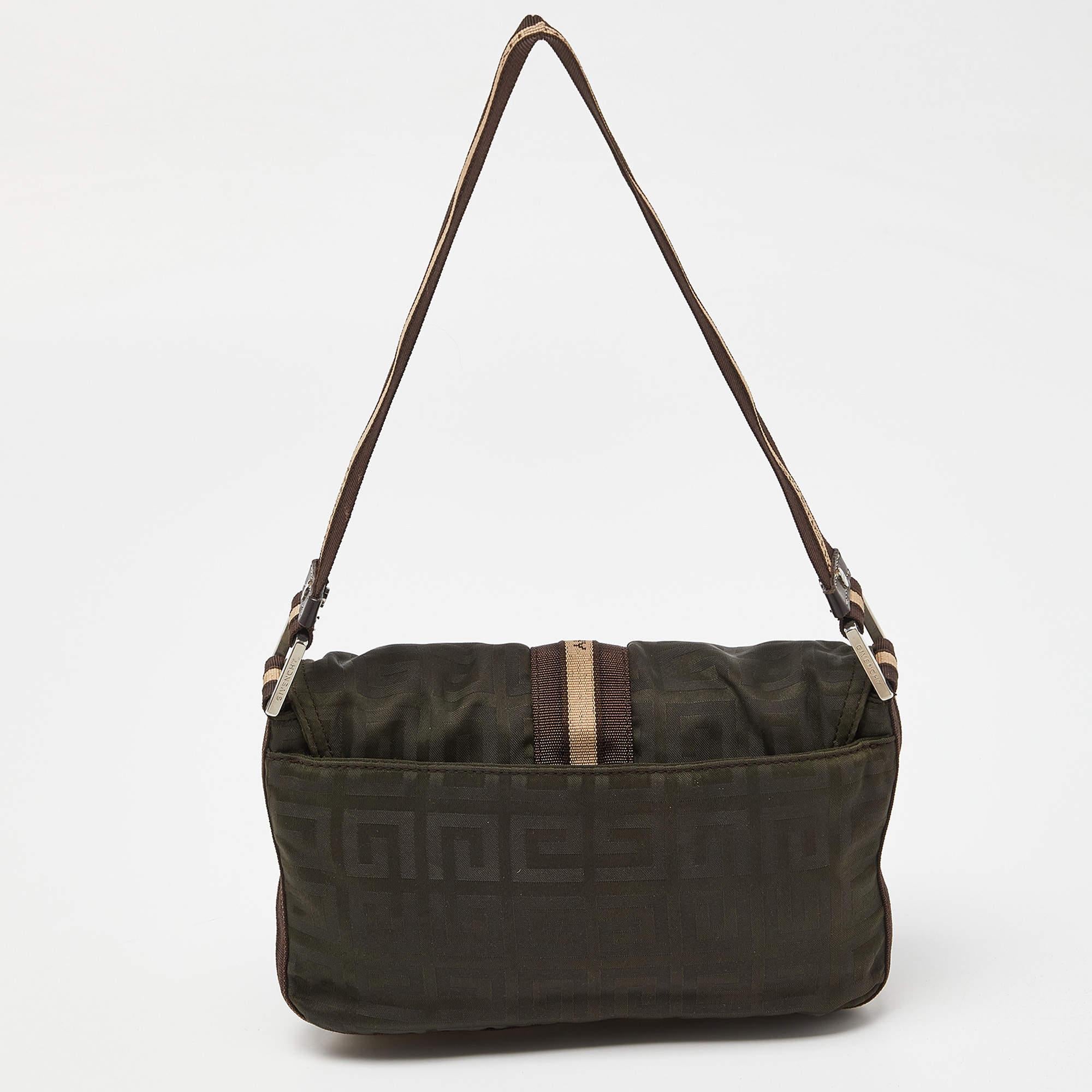 Givenchy Green/Brown Monogram Fabric Buckle Flap Baguette Bag In Good Condition In Dubai, Al Qouz 2