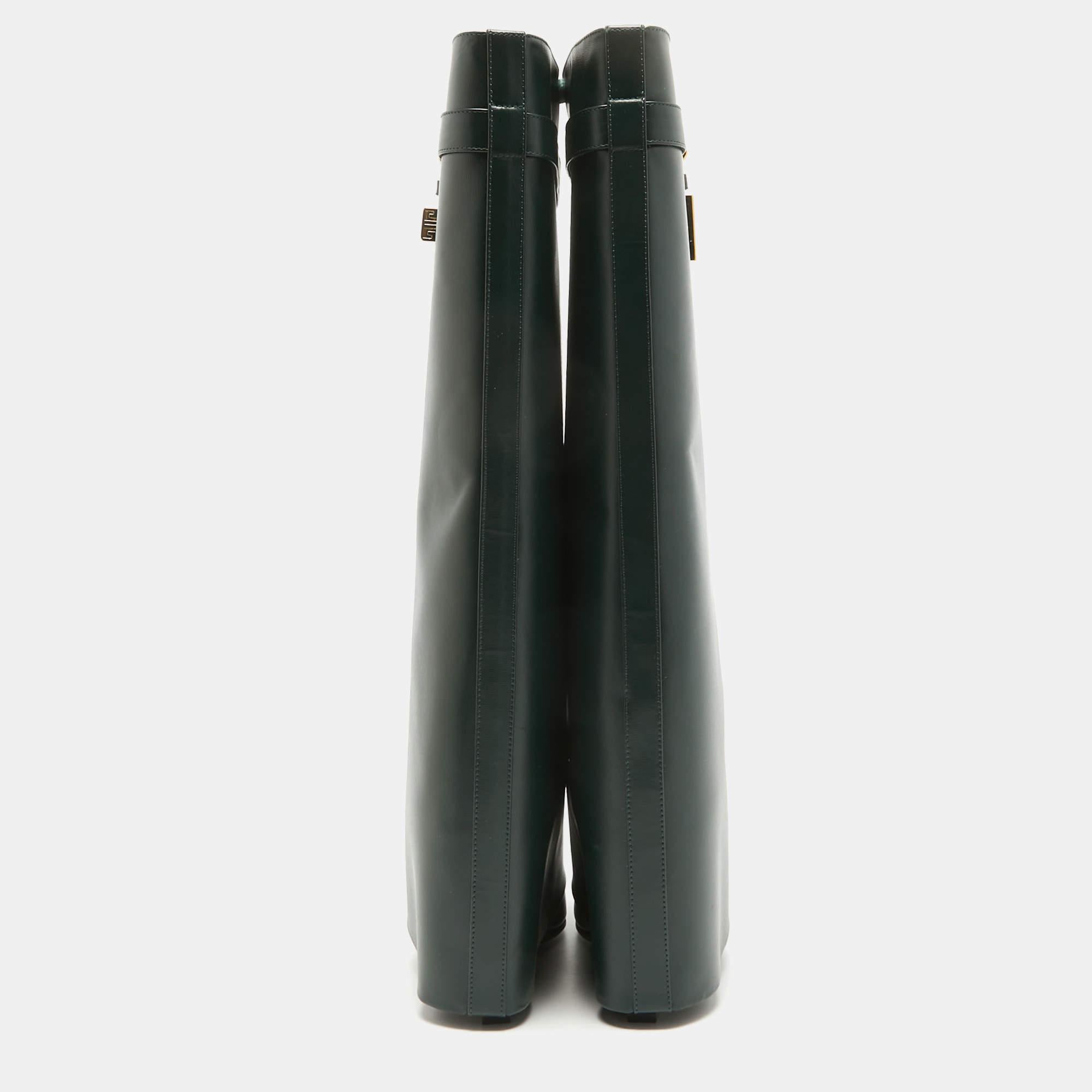 Givenchy Green Leather Shark Lock Wedge Knee Length Boots Size 40 In New Condition In Dubai, Al Qouz 2
