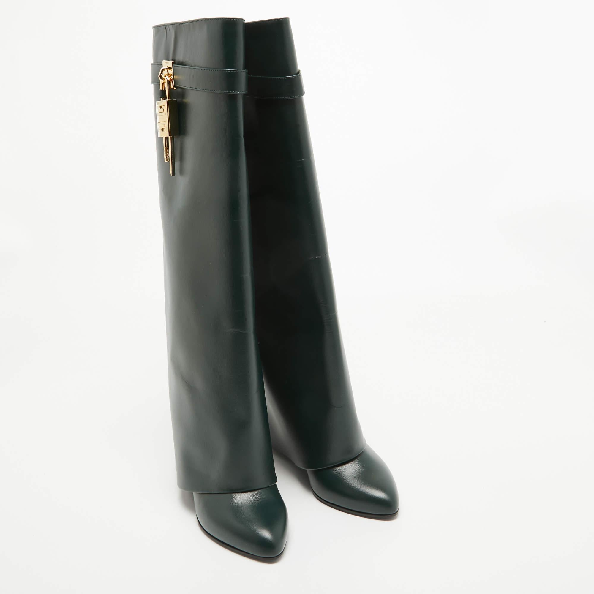 Women's Givenchy Green Leather Shark Lock Wedge Knee Length Boots Size 40