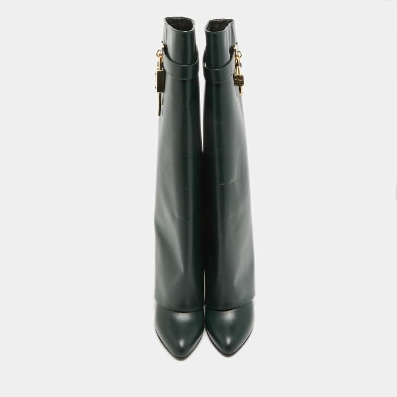 Givenchy Green Leather Shark Lock Wedge Knee Length Boots Size 40 4