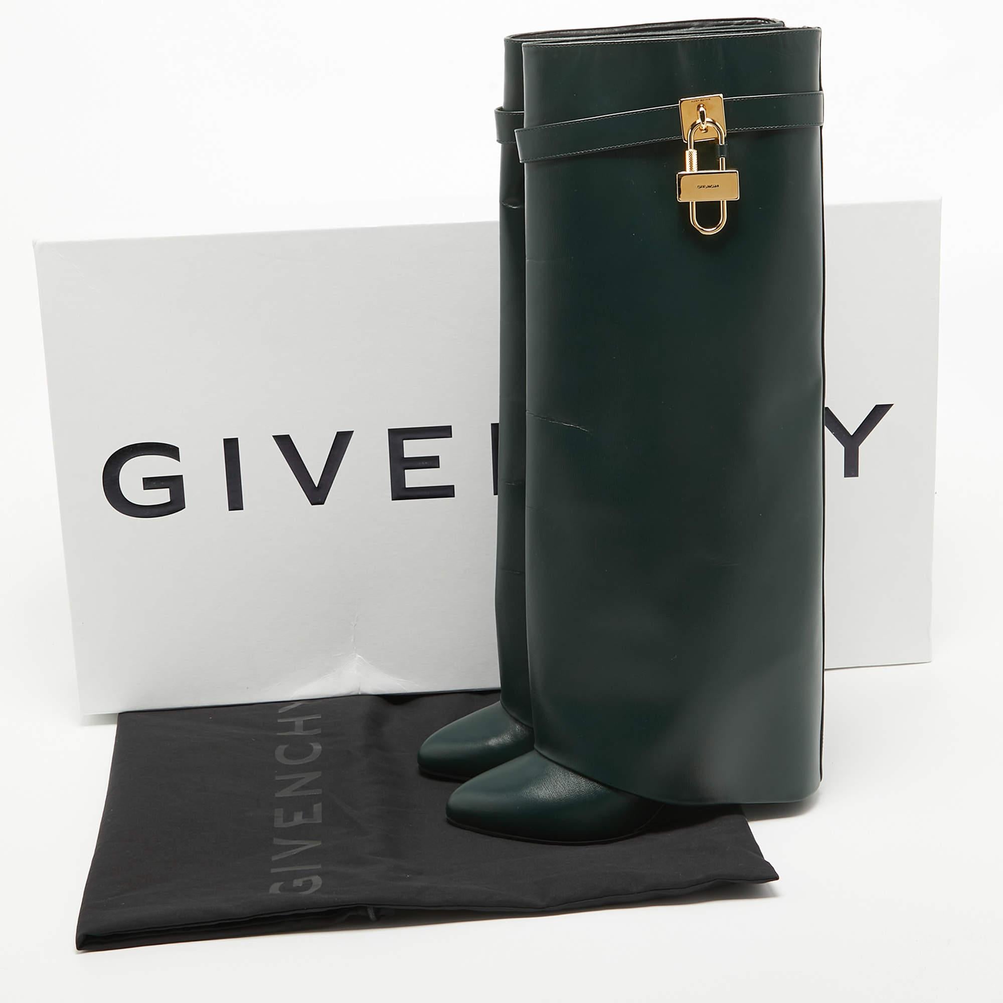 Givenchy Green Leather Shark Lock Wedge Knee Length Boots Size 40 5