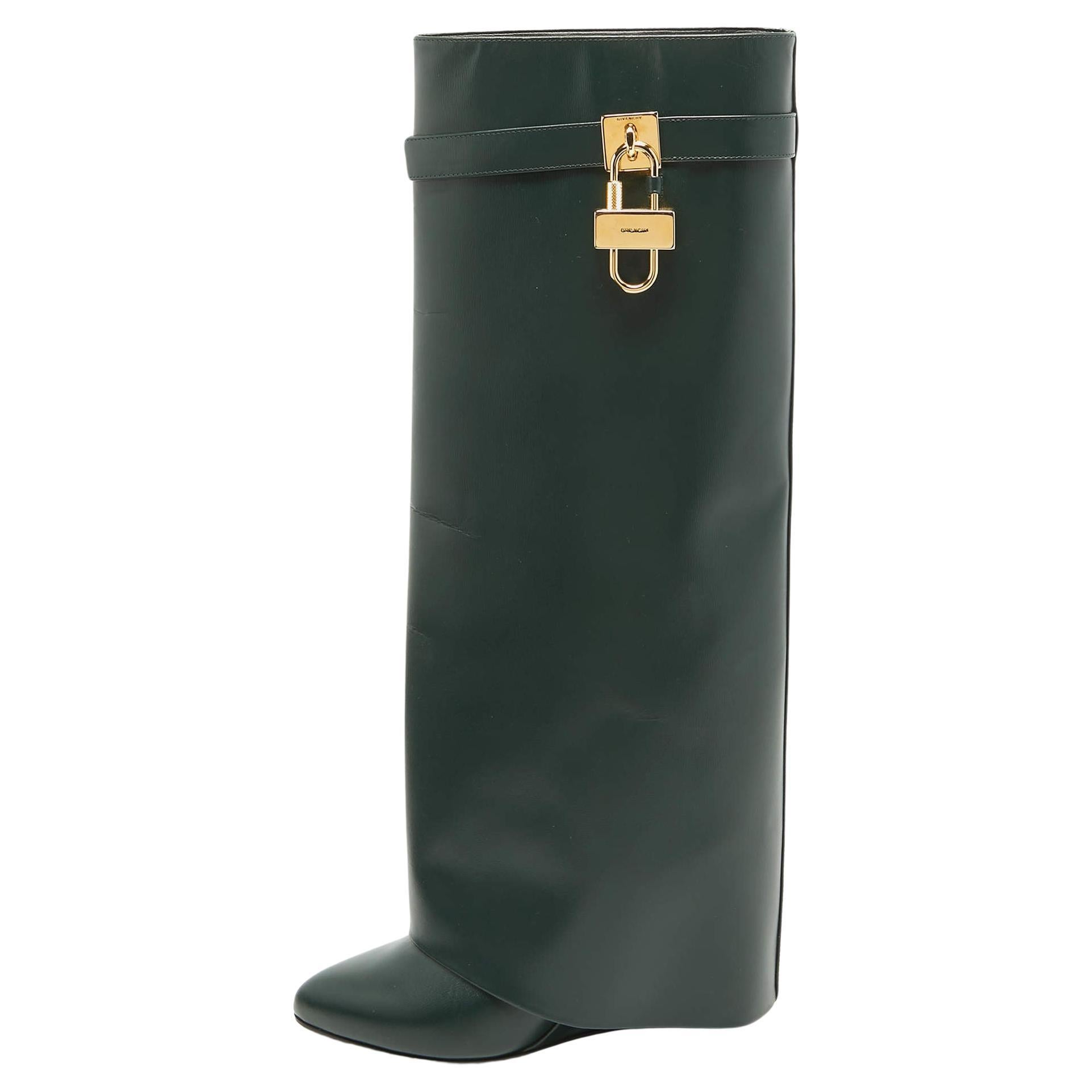 Givenchy Green Leather Shark Lock Wedge Knee Length Boots Size 40