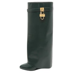 Used Givenchy Green Leather Shark Lock Wedge Knee Length Boots Size 40