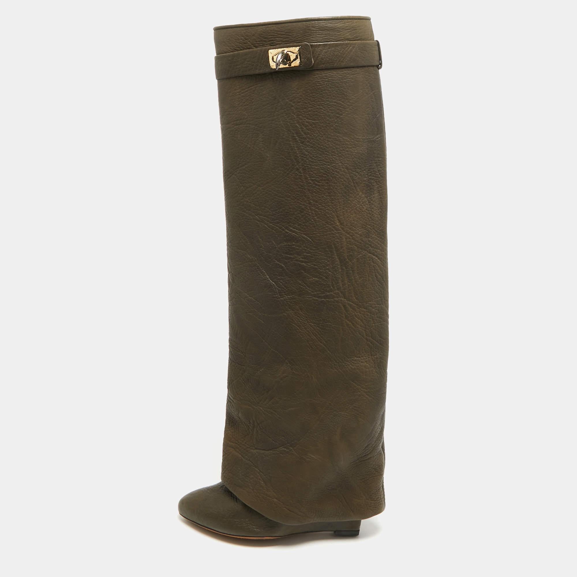Givenchy Green Nubuck Leather Shark Lock Boots Size 35 6