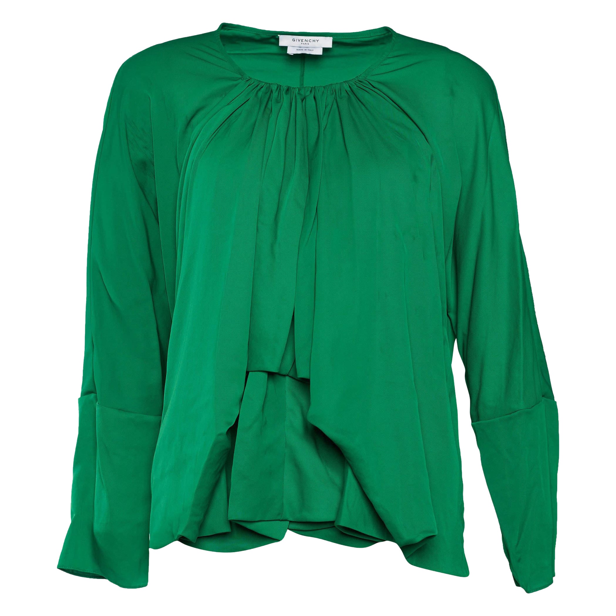 Givenchy Green Synthetic Draped Long Sleeve Blouse M