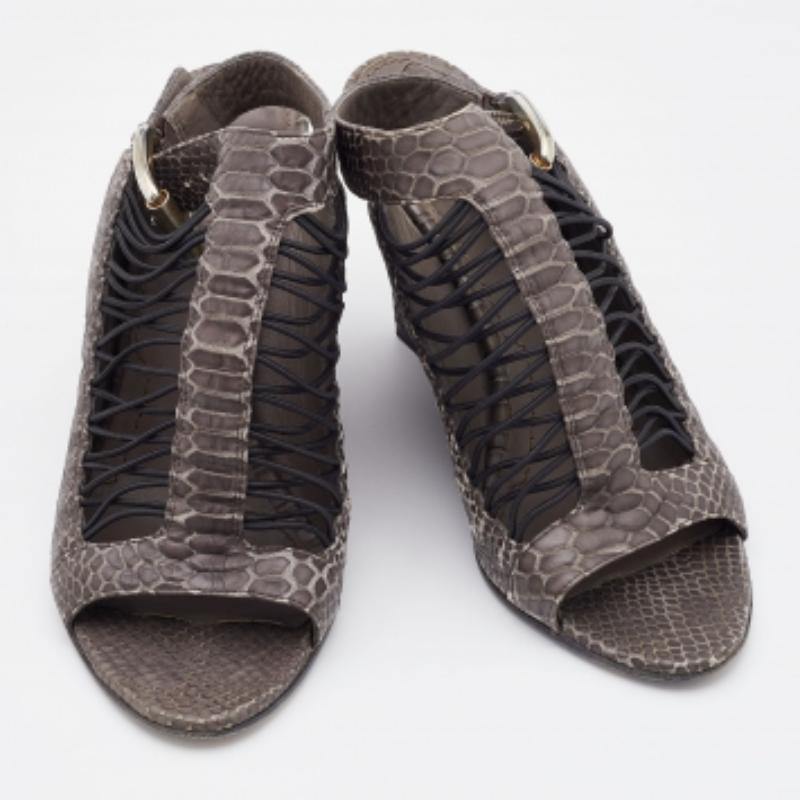 Givenchy Grey Python Embossed Leather Wedge Ankle Strap Sandals Size 37.5 For Sale 2