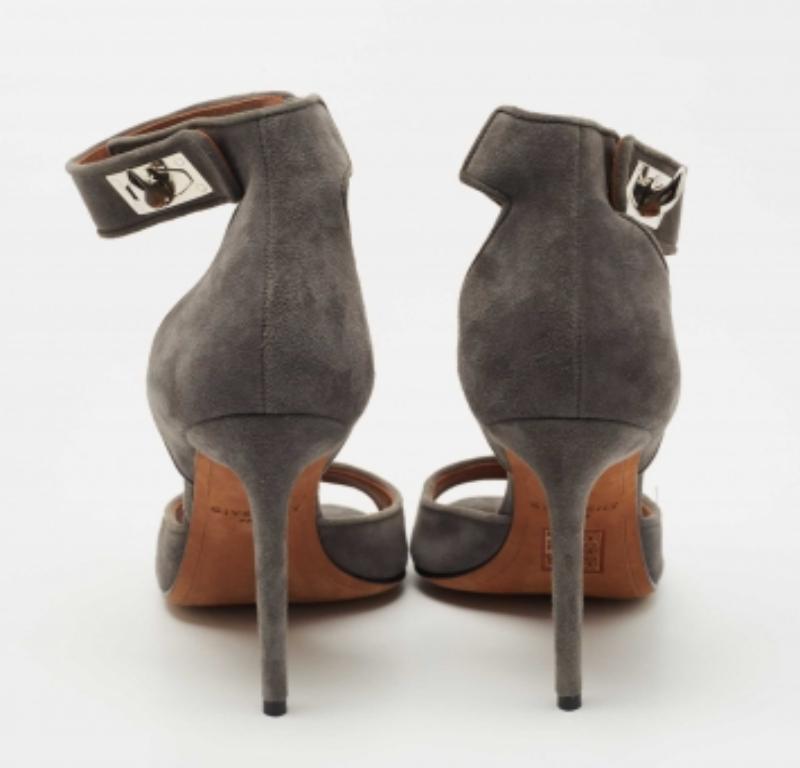 Women's Givenchy Grey Suede Shark Tooth Lock Ankle Strap Sandals Size 37.5 For Sale