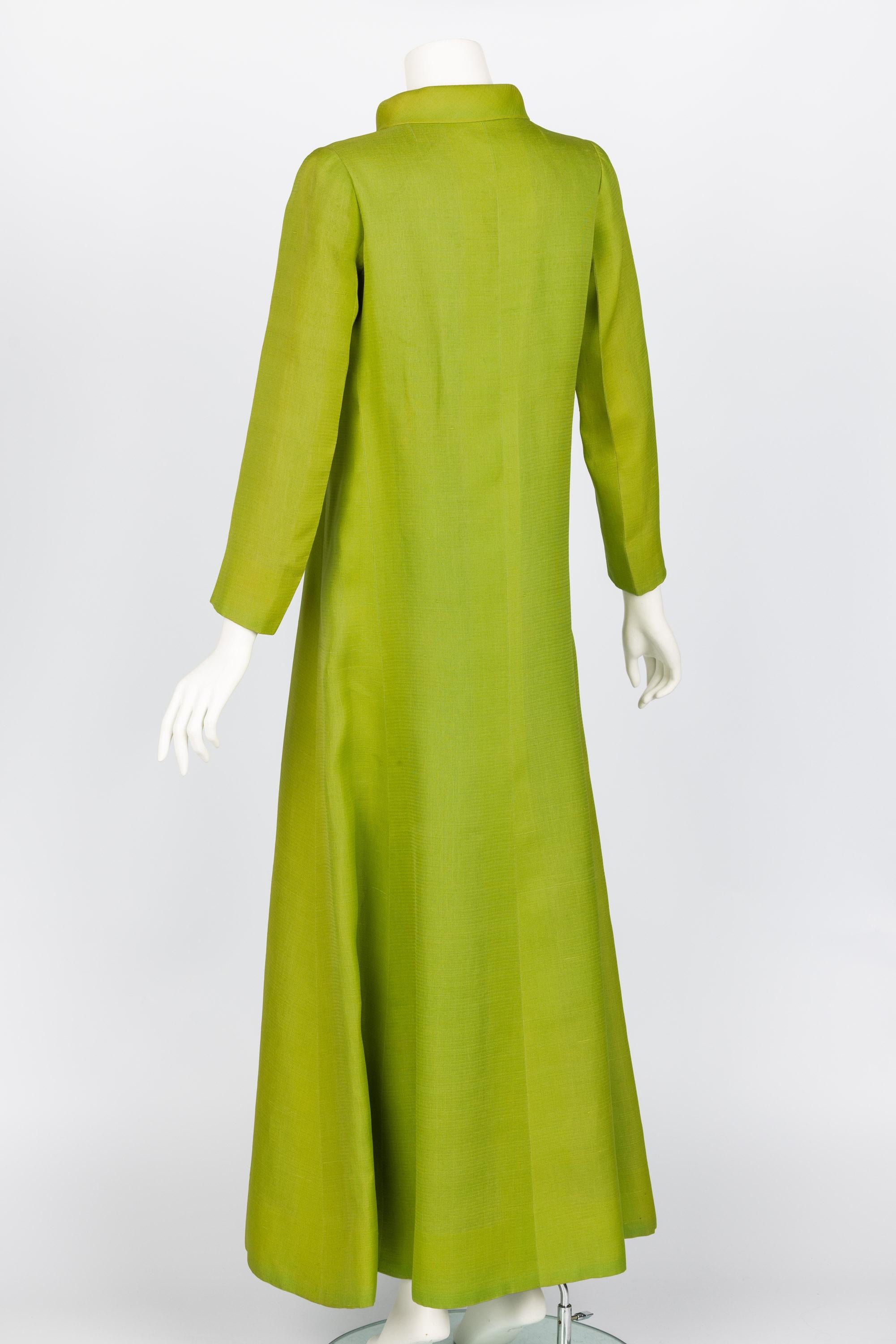 Givenchy Haute Couture 1971  Chartreuse Green Silk Evening Coat For Sale 2