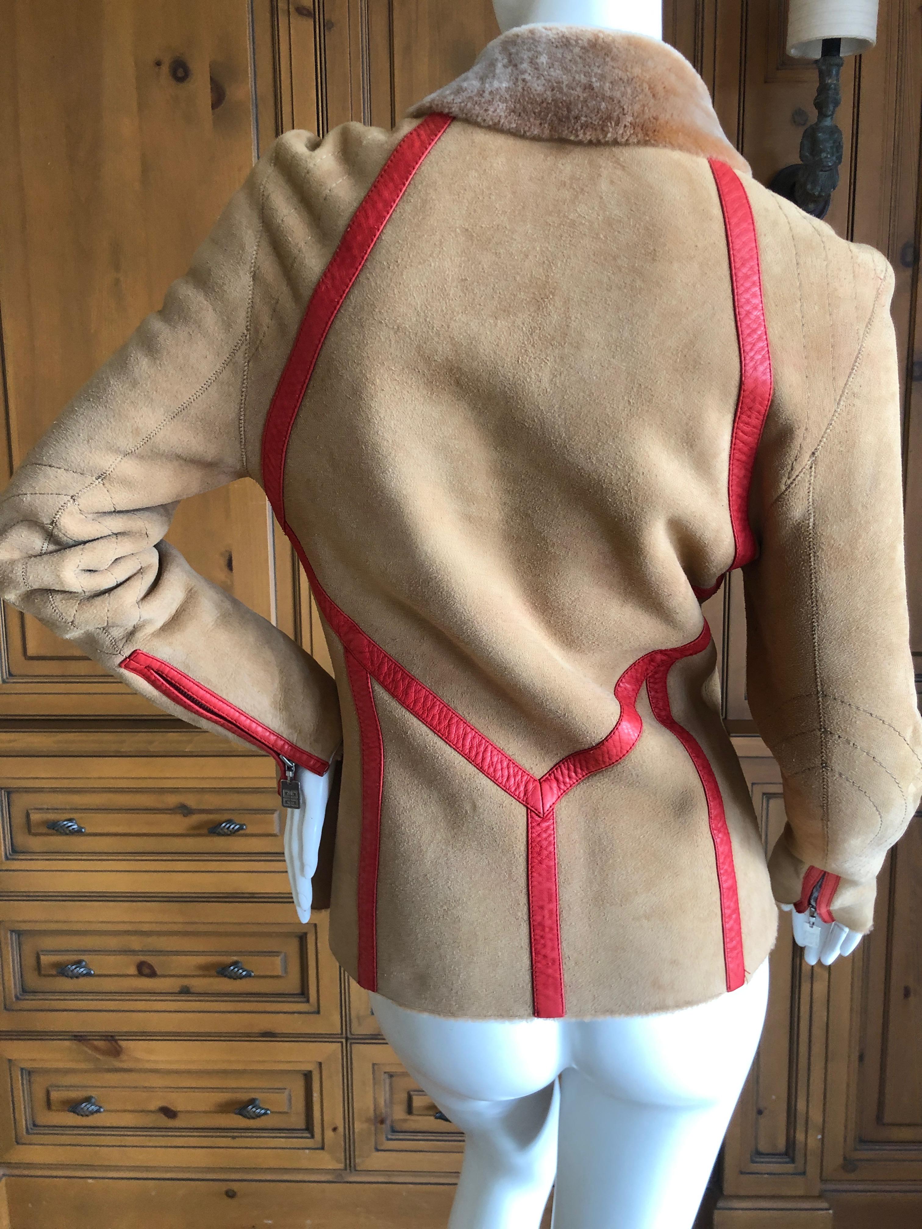 Women's Givenchy Haute Couture A/W 1998 by Alexander McQueen Red Trim Shearling Jacket For Sale