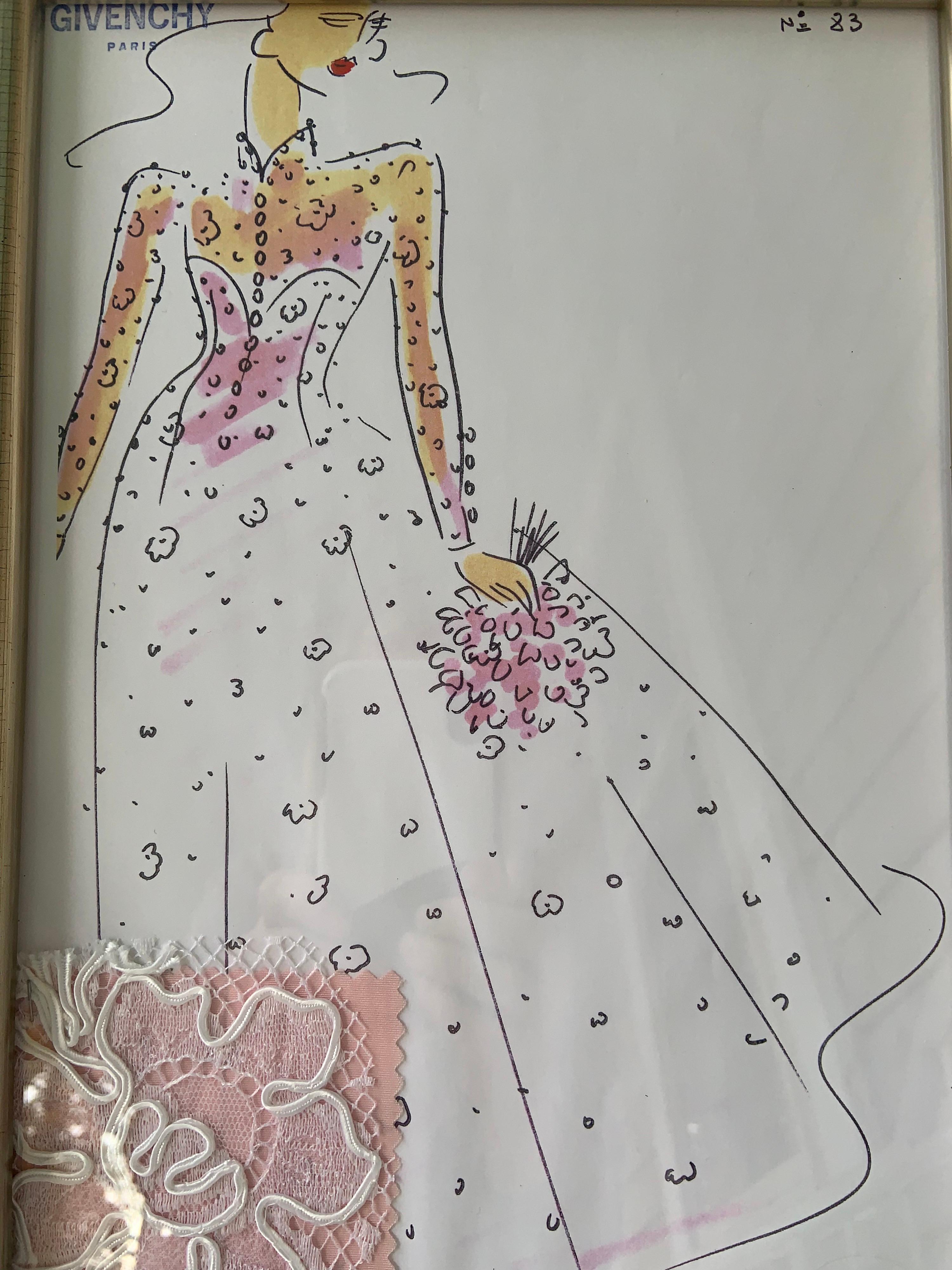 Sketch of an evening or wedding gown produced in a limited number for couture clients, with an attached fabric sample.
Measurements;   Height 11 3/4    Width 8 1/4