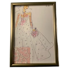 Givenchy Haute Couture Framed Croquis of a Pink and White Lace Gown