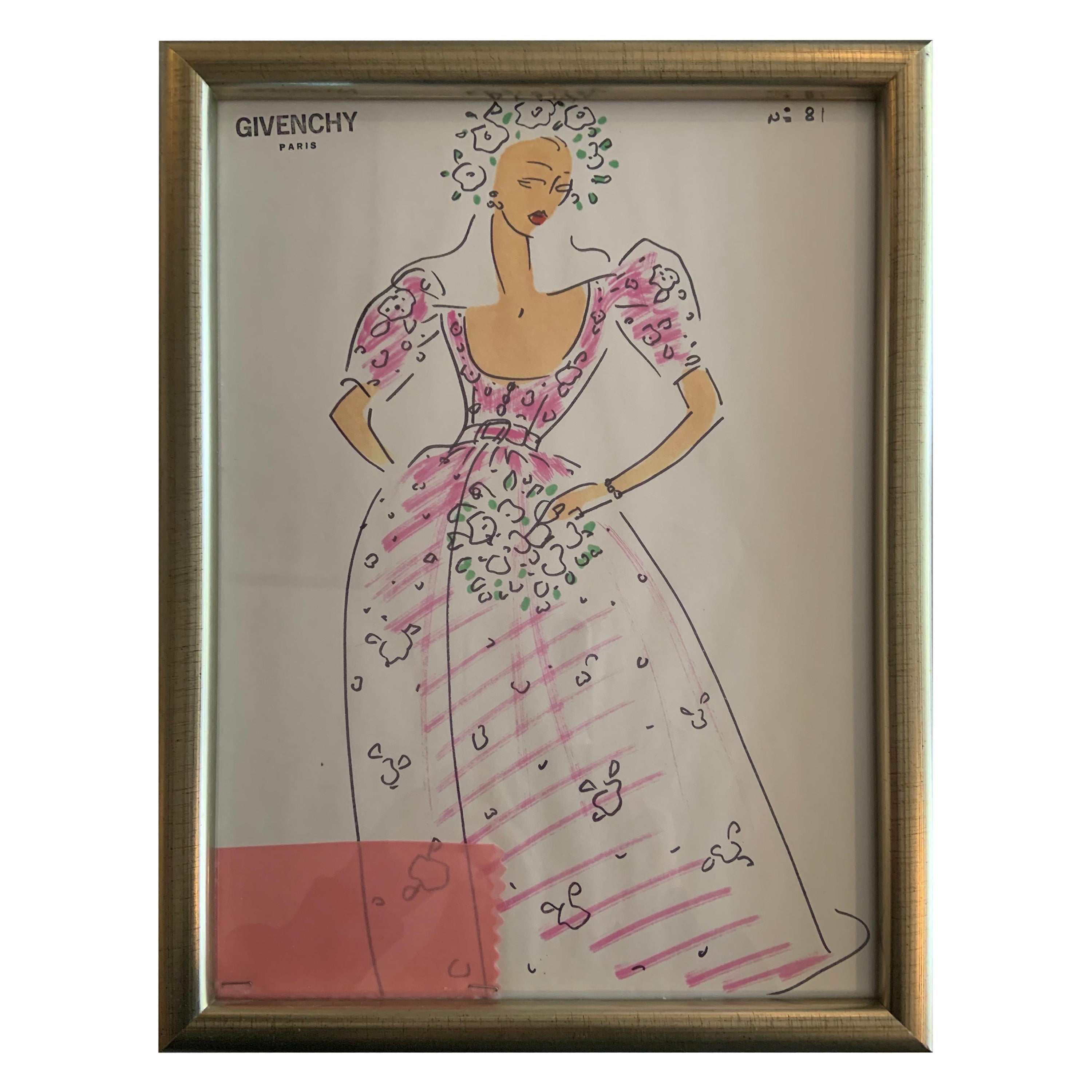 Gerahmtes Haute Couture-Croquis eines rosafarbenen Kleids von Givenchy