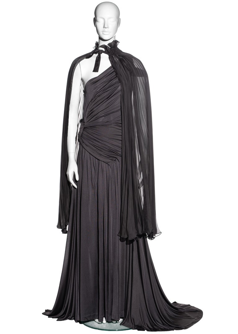 Black Givenchy Haute Couture mauve silk trained evening gown with cape, fw 2003 For Sale