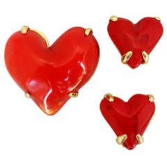 Givenchy Haute Couture Red Lucite Heart Brooch and Earring Set