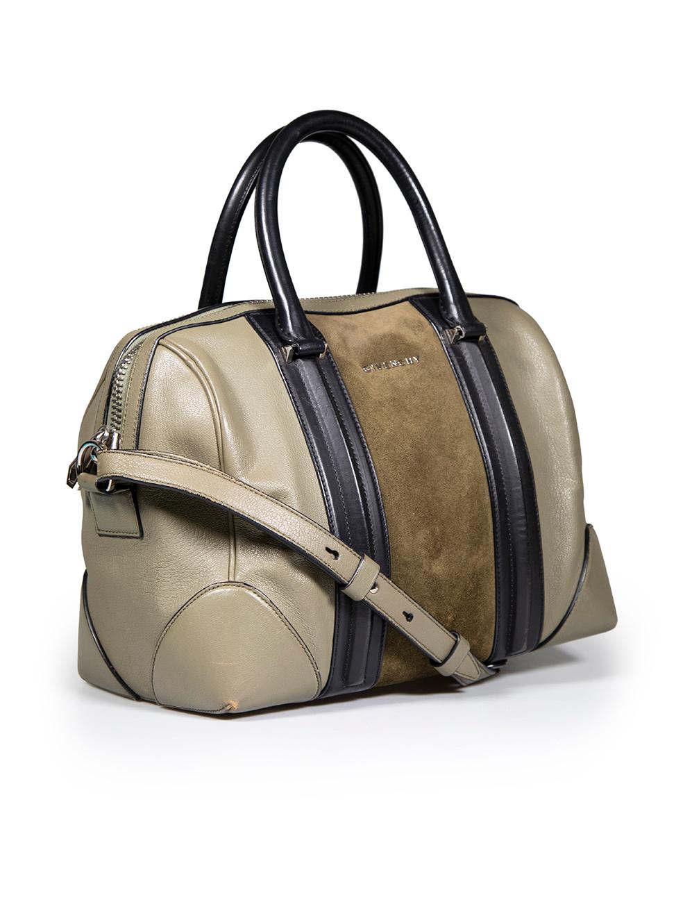 CONDITION is Good. General wear to bag is evident. Moderate signs of wear and abrasions to base corners, leather trims, handles, strap, and suede back on this used Givenchy designer resale item.
 
 
 
 Details
 
 
 Model: Lucrezia
 
 Khaki
 
