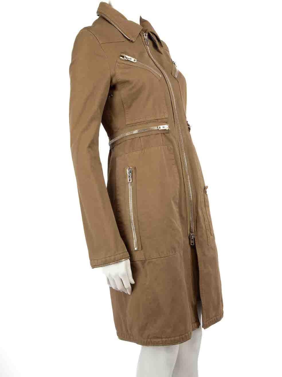 CONDITION is Very good. Minimal wear to coat is evident. Minimal wear to the front zip fastening end with light fraying on this used Givenchy designer resale item.
 
 Details
 Khaki
 Cotton
 Mid length coat
 Front double zip closure
 Zip detail