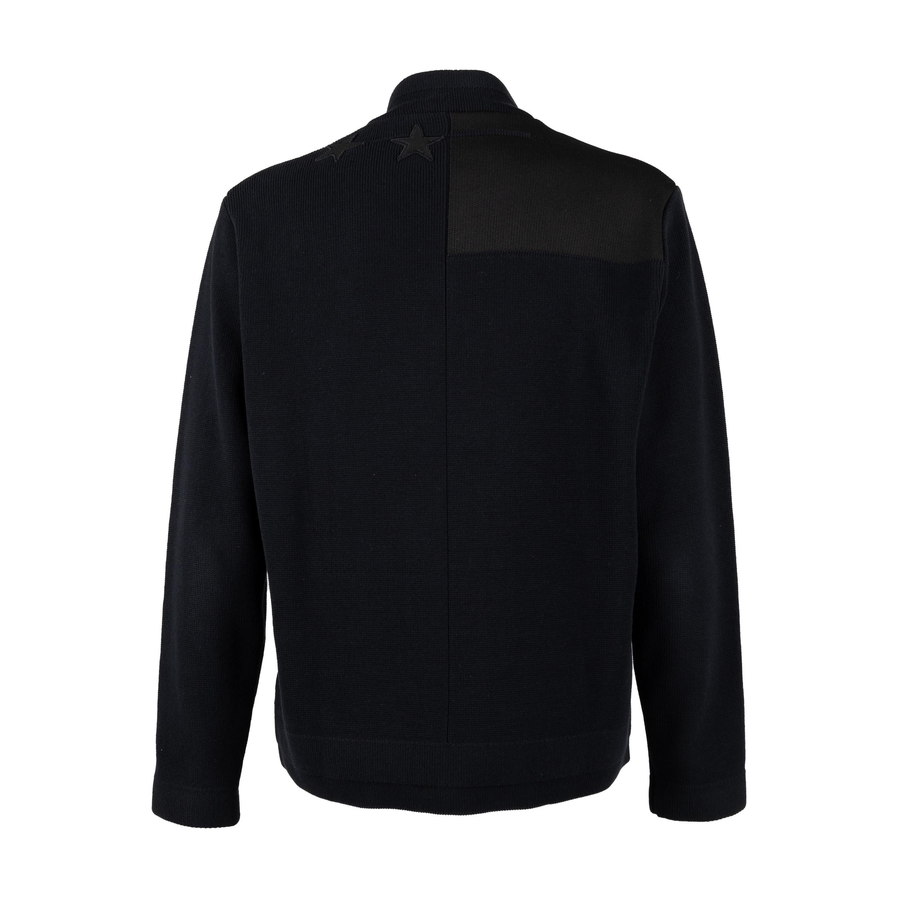This Givenchy Knit Bomber Jacket is crafted from cotton and features a front zipper closure with signature stars stitched onto the shoulder. Contrast stripes, crafted from polyester, adorn the right side for a bold finish. 

