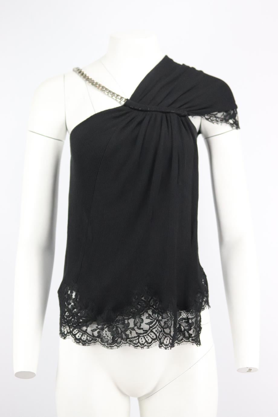 Givenchy lace trimmed ribbed knit top. Black. Sleeveless, v-neck. Slips on. Size: Small (UK 8, US 4, FR 36, IT 40). Bust: 26 in. Waist: 25 in. Hips: 32 in. Length: 21 in. Very good condition - Label cut out for comfort; see pictures.
