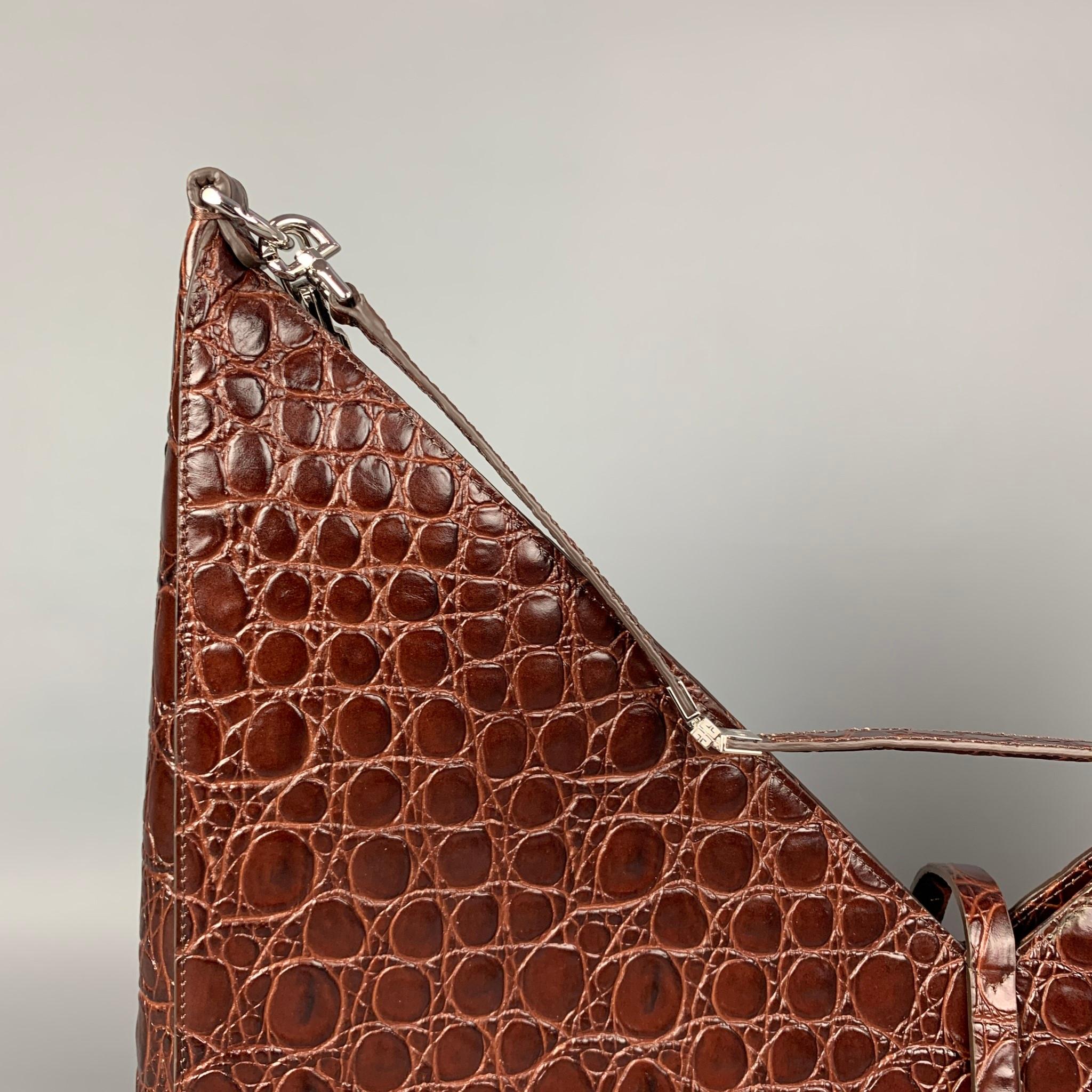 GIVENCHY Large Cut Out Bag Brown Embossed Croc Leather Shoulder Unisex Handbag In Excellent Condition In San Francisco, CA