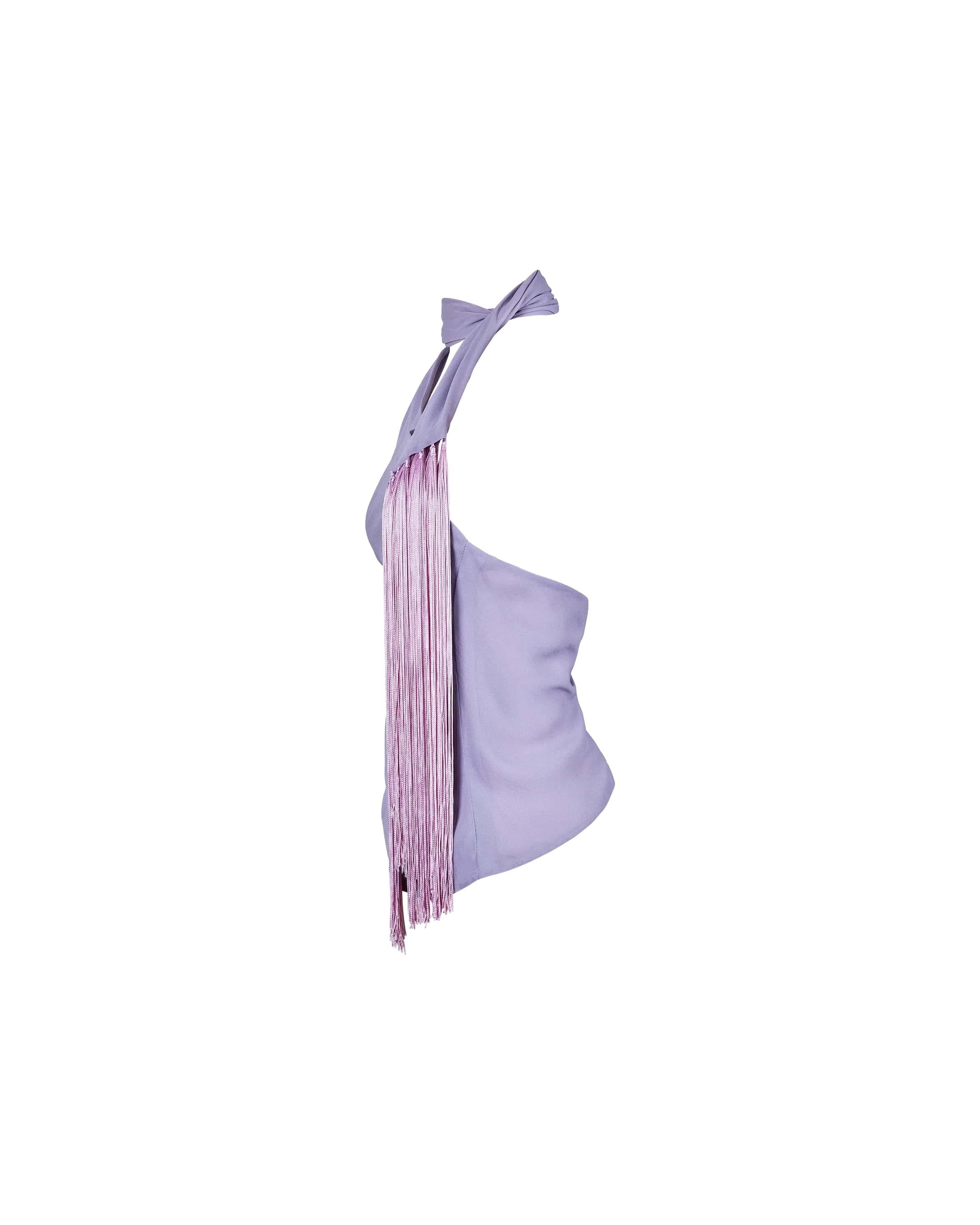 1990's Givenchy lavender wrap top with fringe. Purple top featuring long scarf that drapes around the neck and across the front. 
