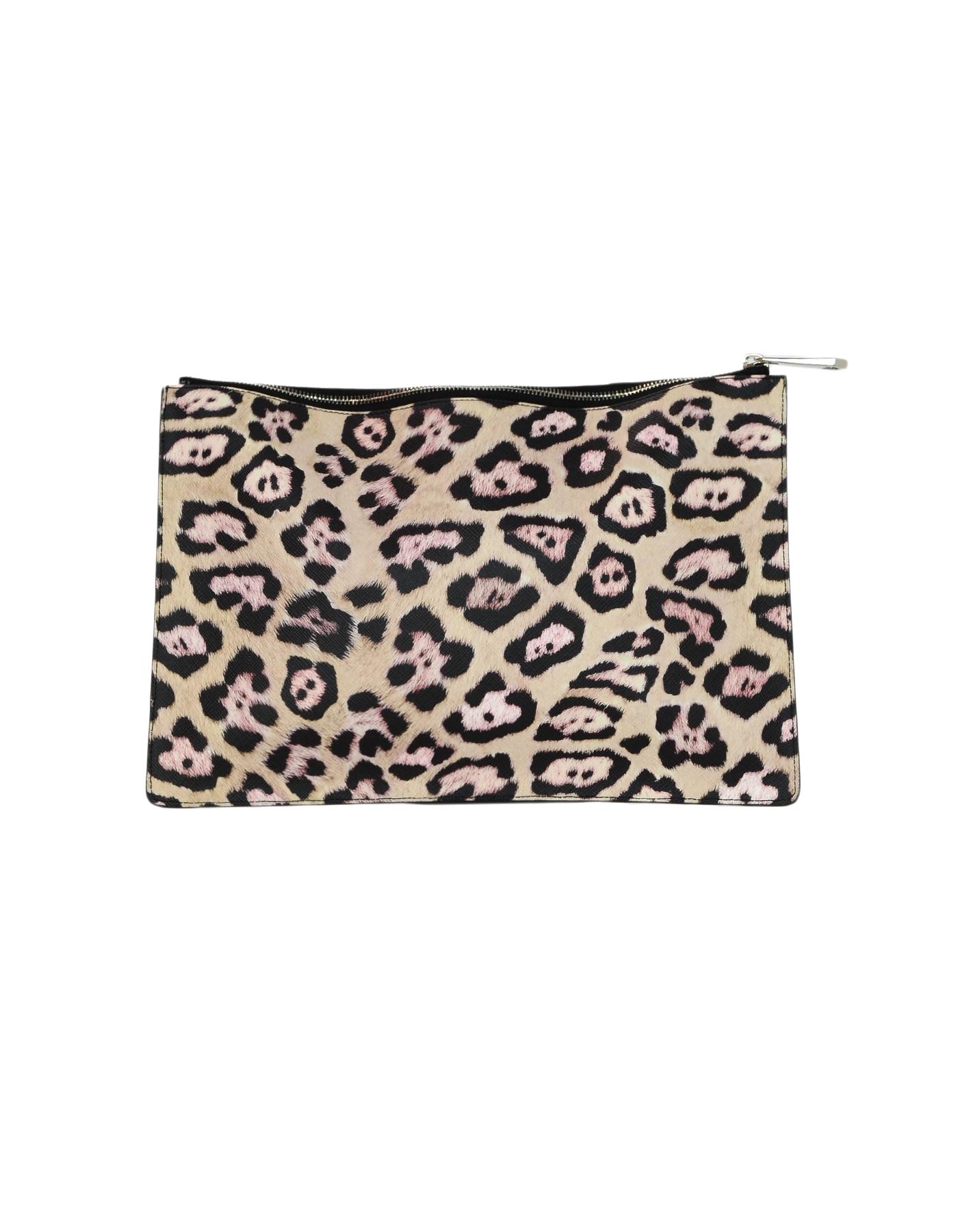 Beige Givenchy Leopard Print Grained Leather Zip Top Clutch Bag