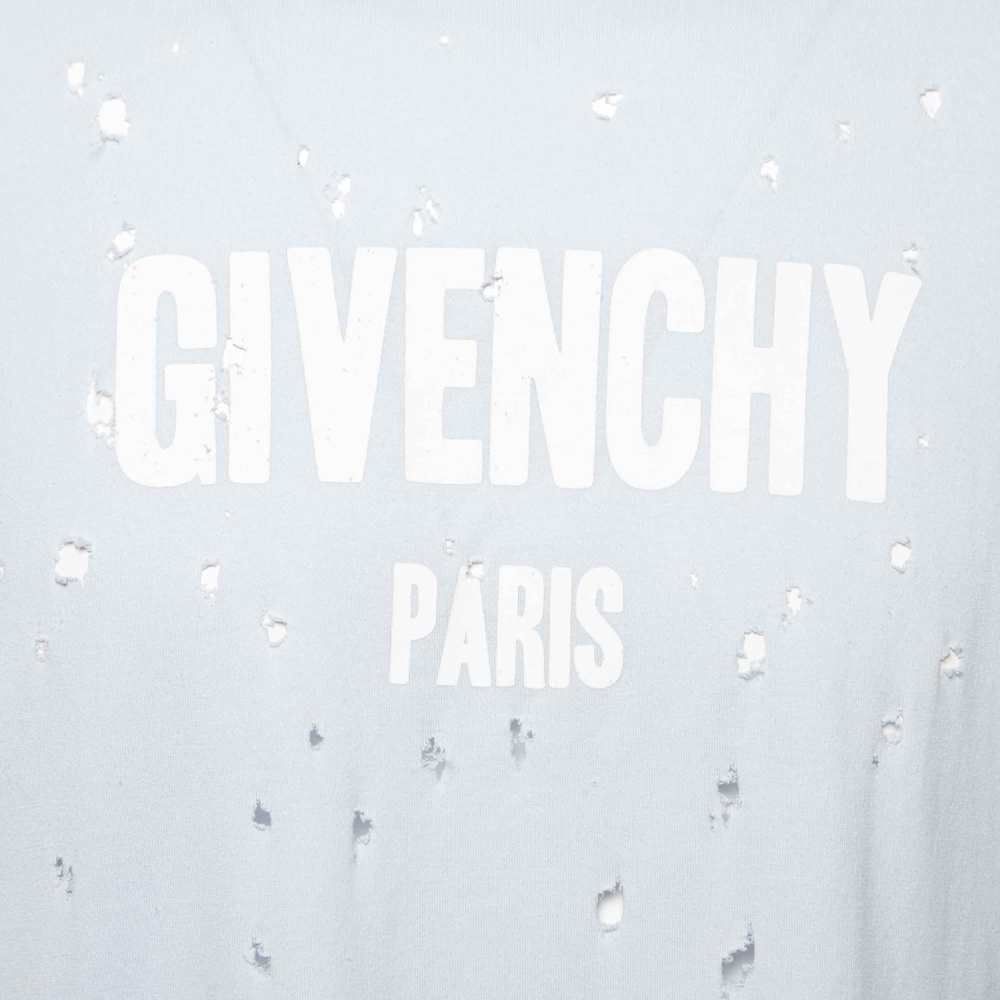 Men's Givenchy Light Blue Logo Printed Cotton Distressed T-Shirt L