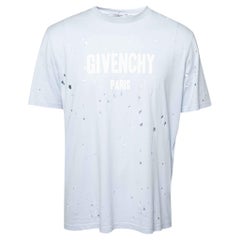 Givenchy Light Blue Logo Printed Cotton Distressed T-Shirt L