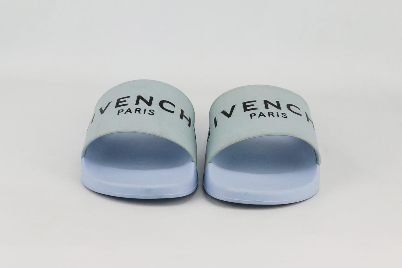 Givenchy logo print rubber slides. Made from light-blue and black rubber with comfortable molded footbeds and stamped with the house’s logo in raised letting. Yellow and black. Slips on. Does not come with box or dustbag. Size: EU 39 (UK 6, US 9).