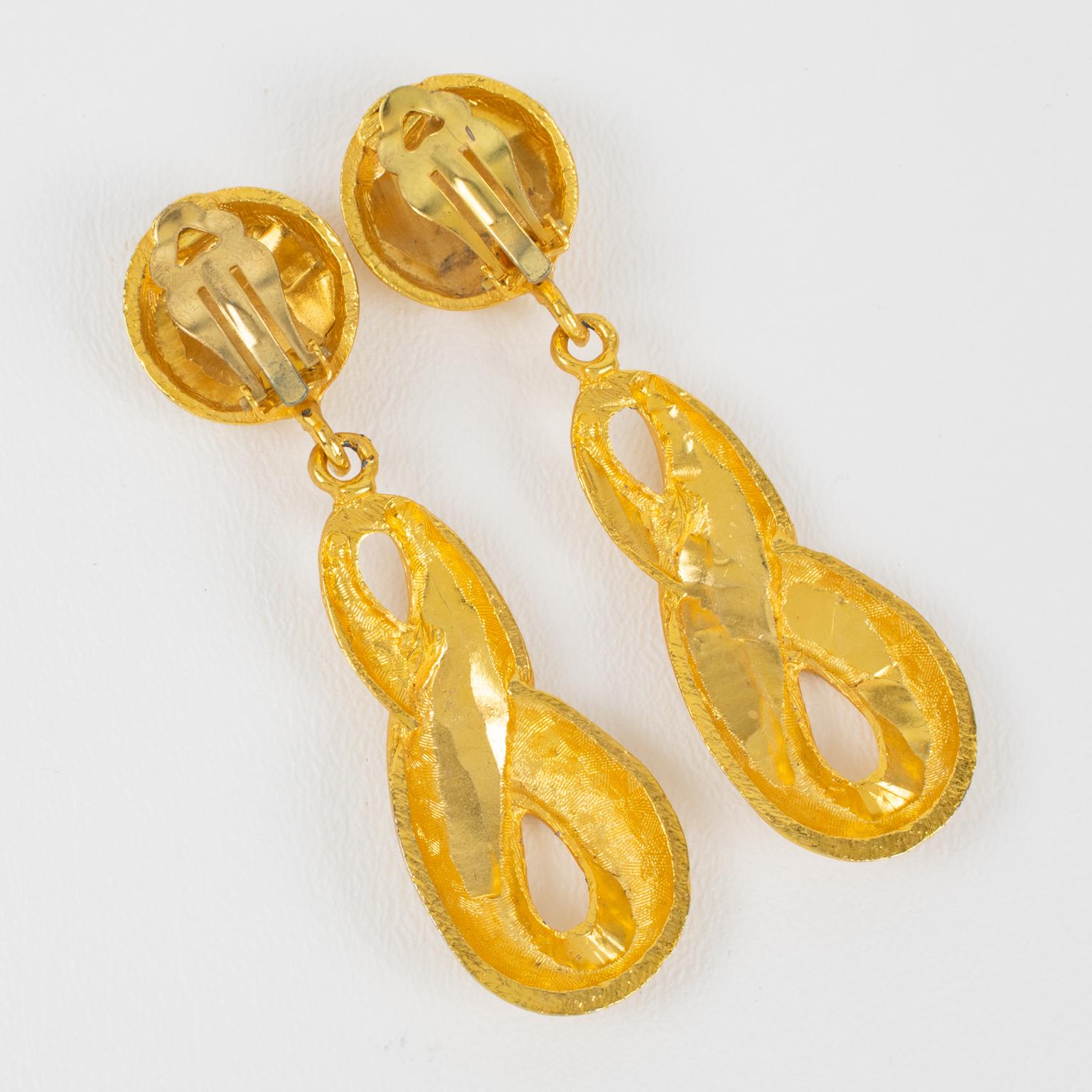 Givenchy Logo Satin Gilt Metal Dangle Clip Earrings In Excellent Condition For Sale In Atlanta, GA