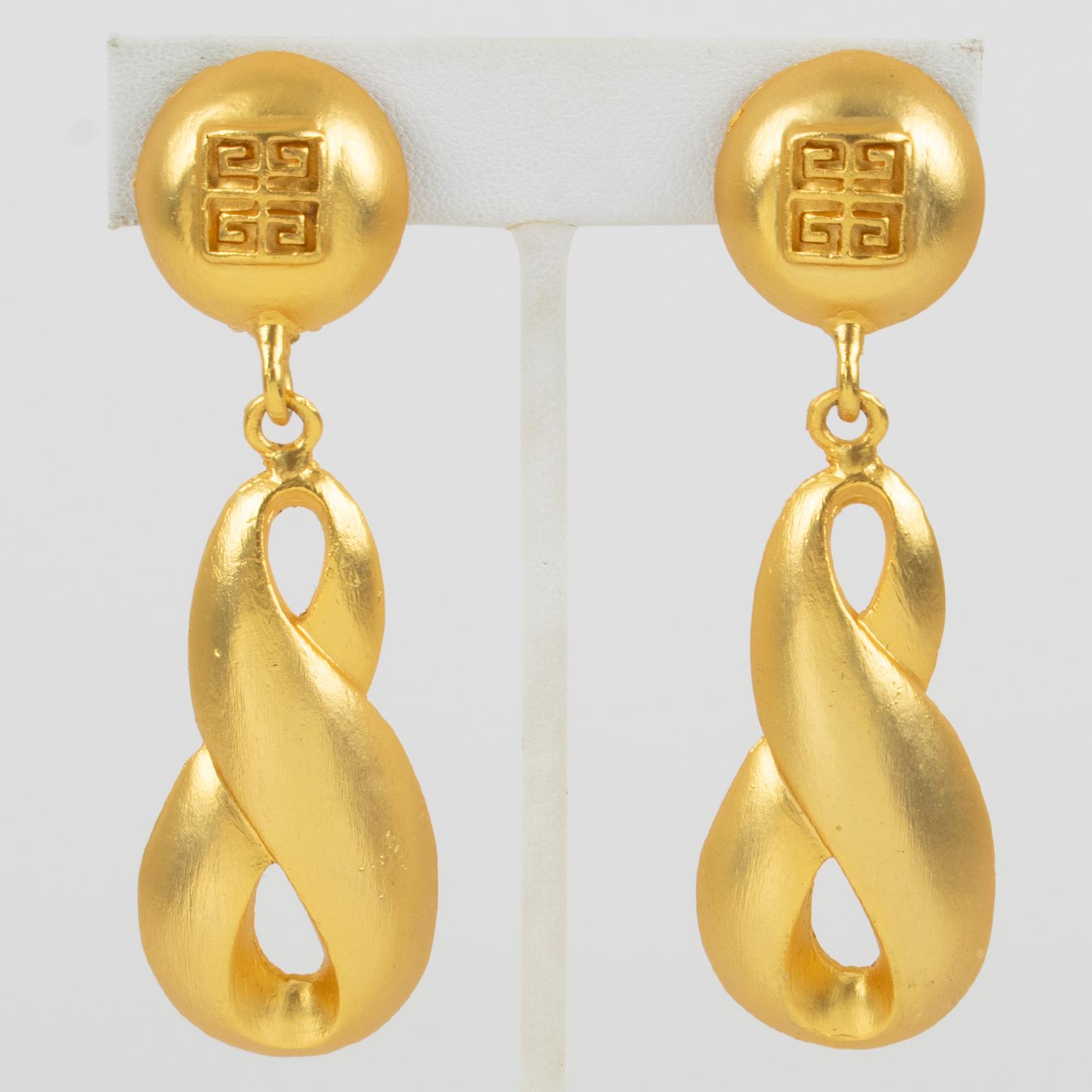 Givenchy Logo Satin Gilt Metal Dangle Clip Earrings For Sale 1