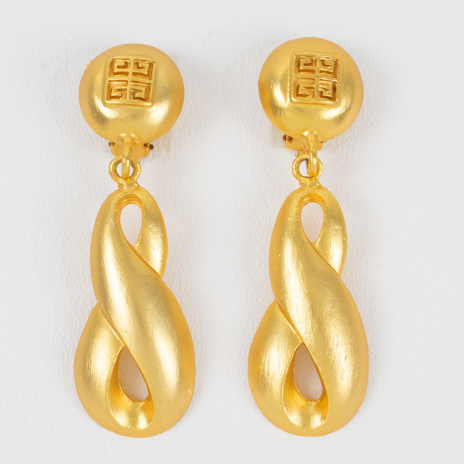 Givenchy Logo Satin Gilt Metal Dangle Clip Earrings For Sale 2
