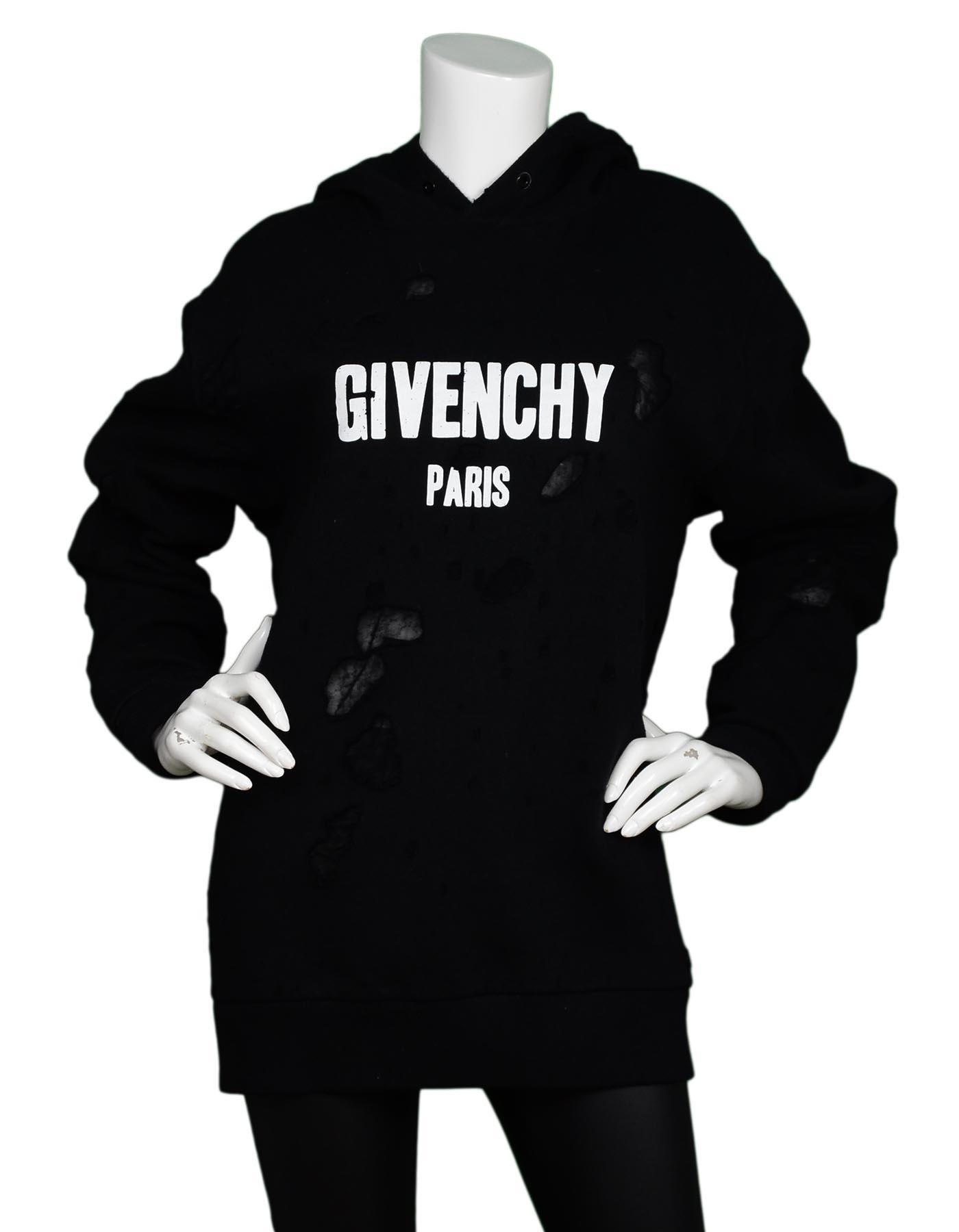 Givenchy Men's Black Distressed Logo-Print Cotton Hoodie Sz M

Made In: Portugal 
Year of Production: 2017
Color: Black, white
Materials: Fabric 1: 100% cotton, fabric 2: 100% polyester, fabric 3: 100% viscose 
Lining: 100% cotton
Opening/Closure: