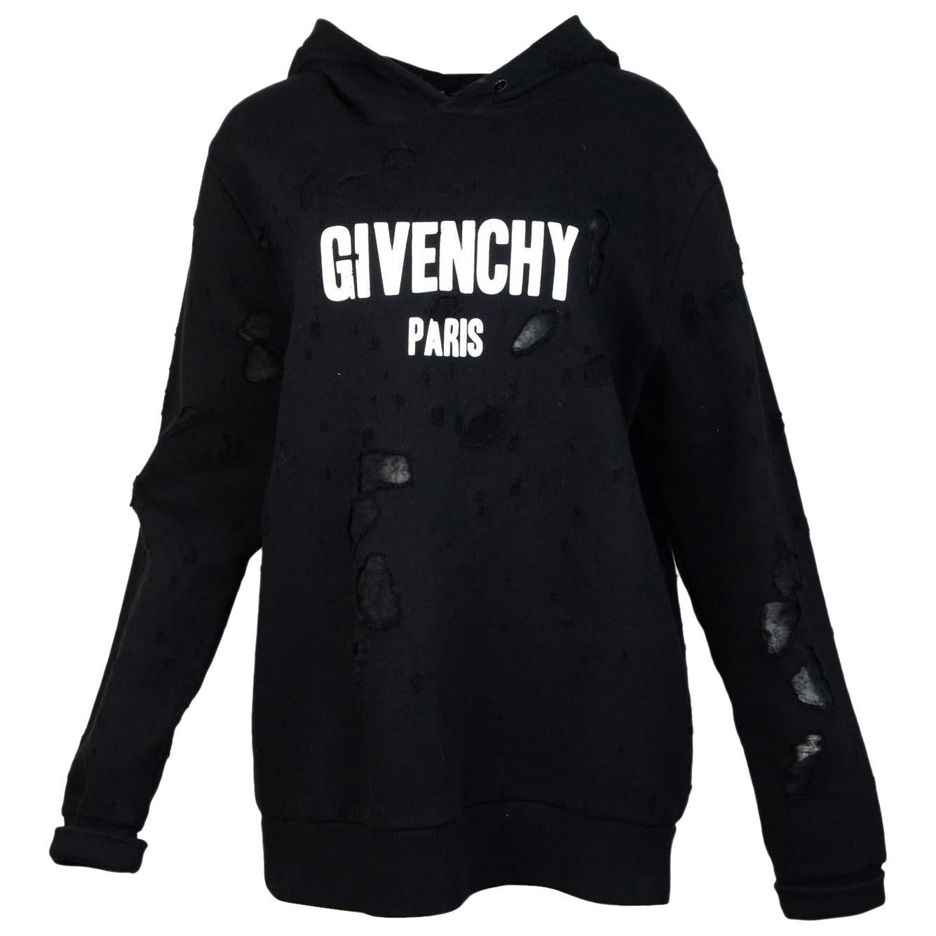 Givenchy Men's Black Distressed Logo-Print Cotton Hoodie Sz M