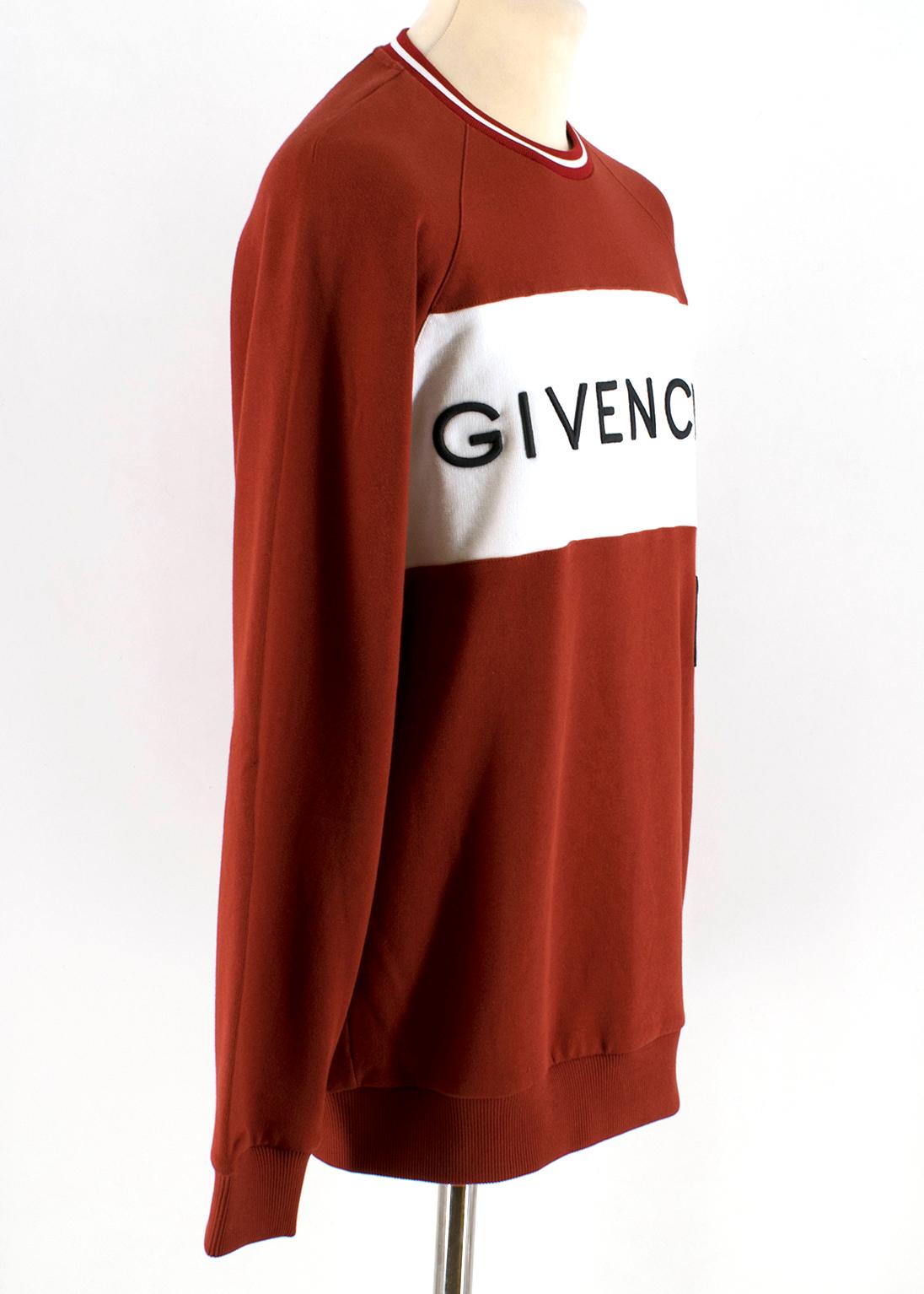 Givenchy Men's Red Intarsia Logo Sweater

-Red, 100% cotton
-Ribbed neckline, cuffs, trim
-White strip around chest and left shoulder with 