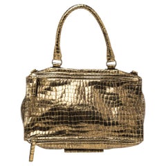 Givenchy Metallic Gold Croc geprägte Leder Umhängetasche Große Pandora Umhängetasche