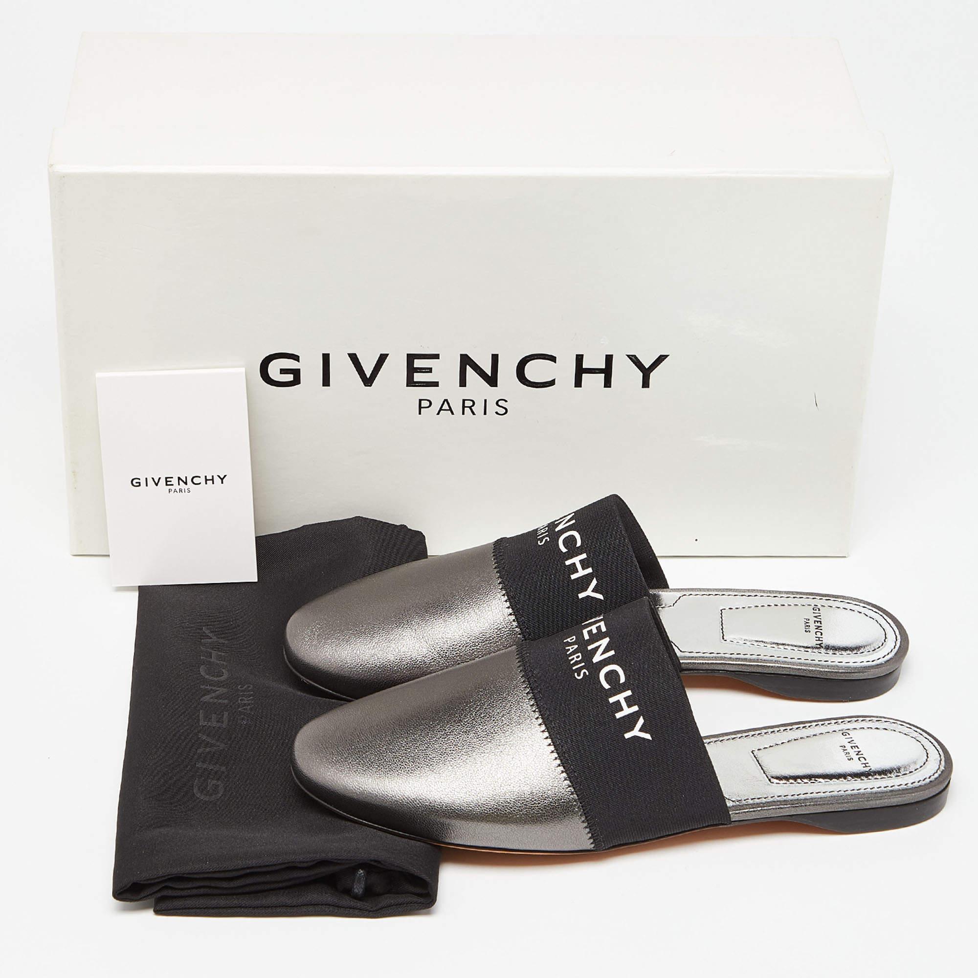 Givenchy Metallic Grey Leather Bedford Flat Mules Size 36 For Sale 1