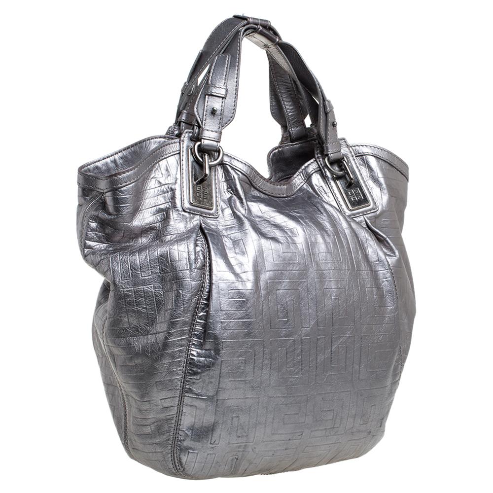 Givenchy Metallic Gun Metal Signature Embossed Leather Satchel In Good Condition In Dubai, Al Qouz 2