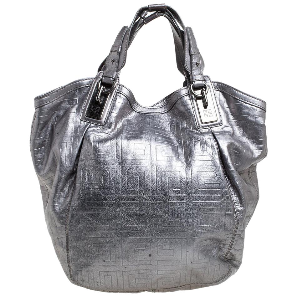 Givenchy Metallic Gun Metal Signature Embossed Leather Satchel