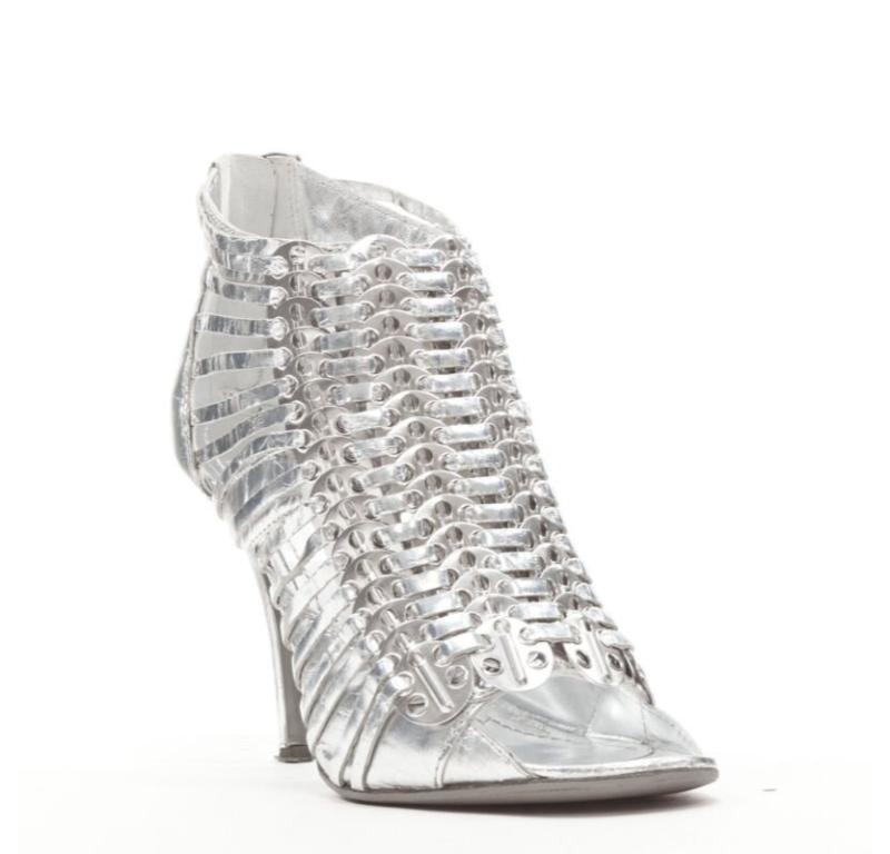Silver GIVENCHY metallic silver metal discs embellished strappy peep toe bootie EU36.5 For Sale