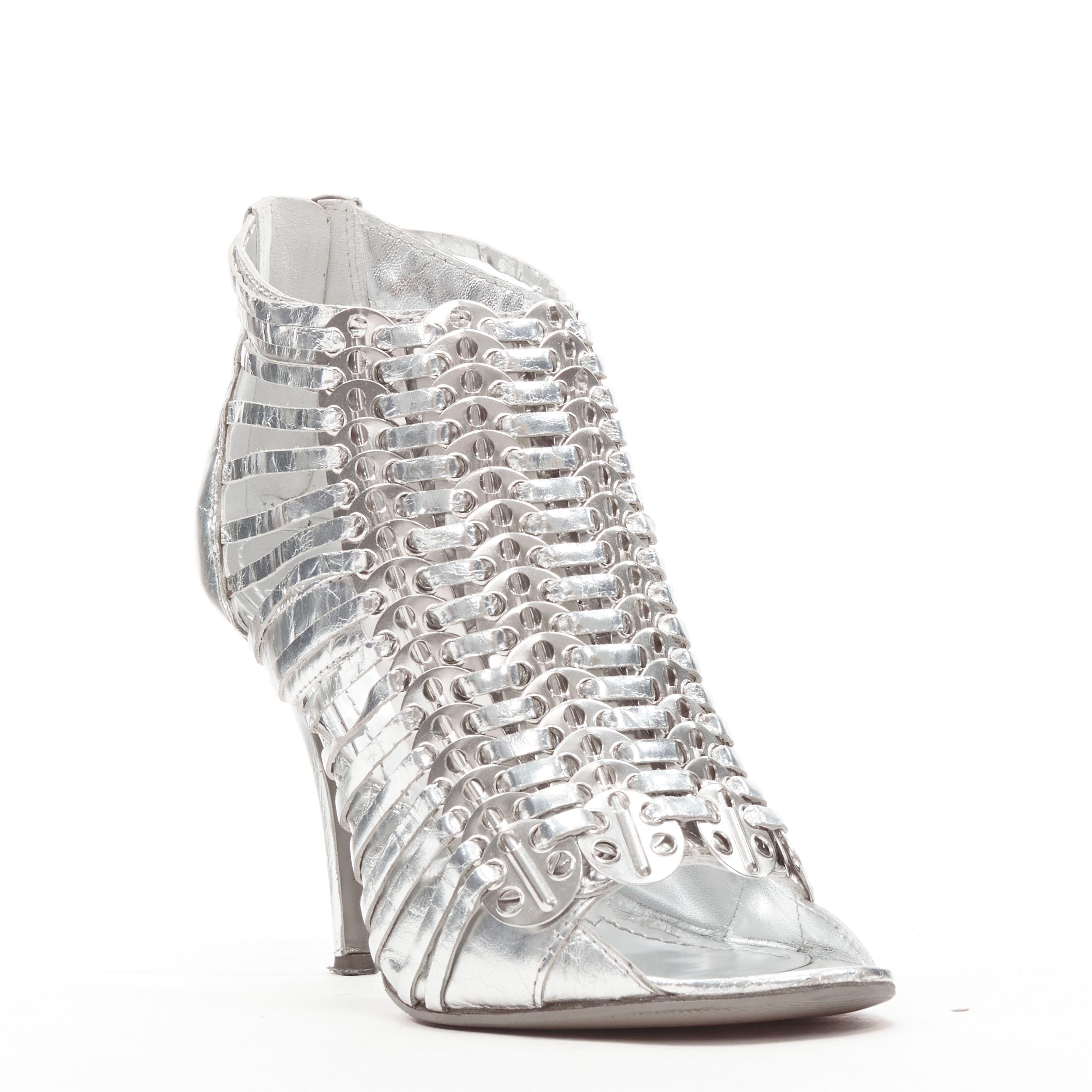 Silver GIVENCHY metallic silver metal discs embellished strappy peep toe bootie EU36.5 For Sale