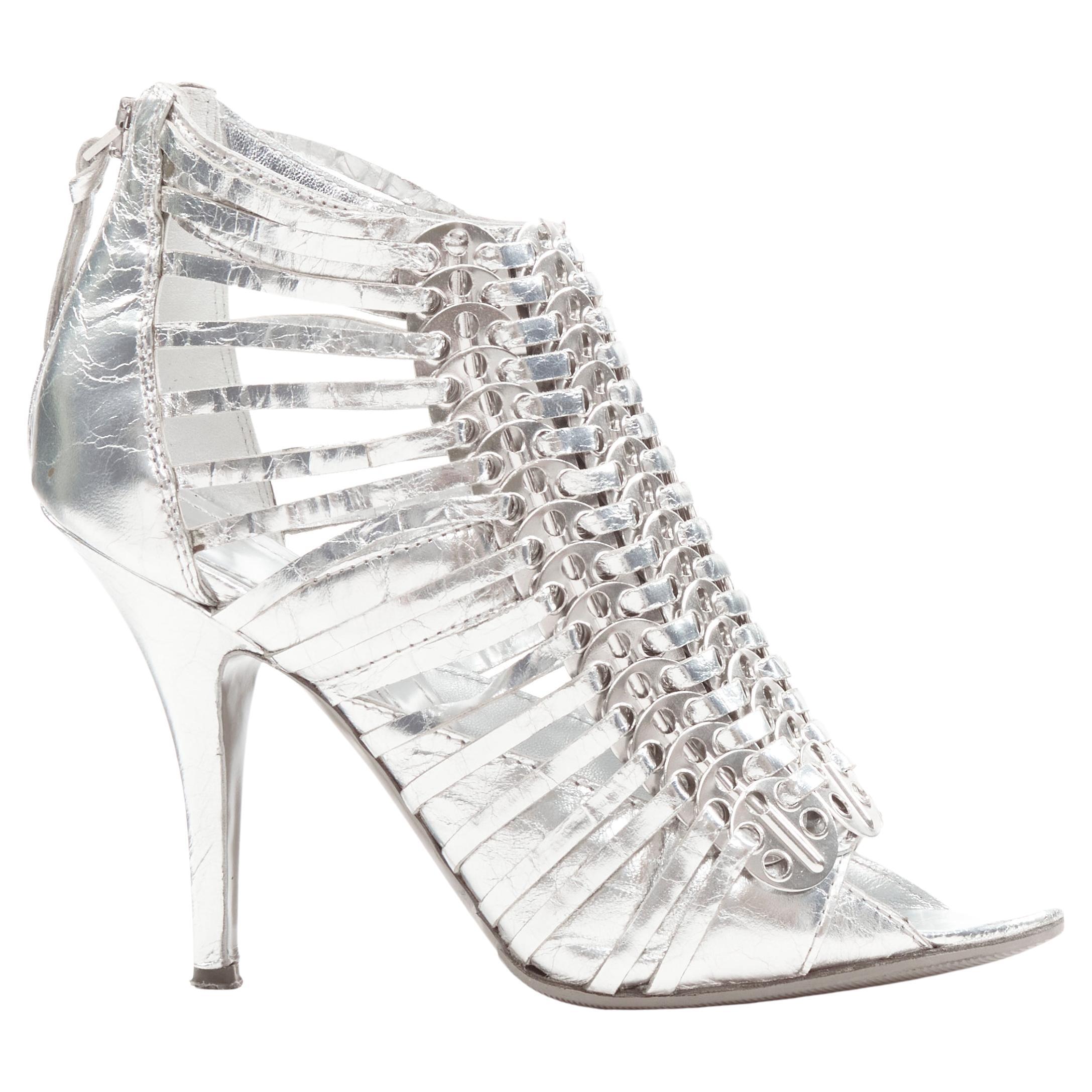 GIVENCHY metallic silver metal discs embellished strappy peep toe bootie EU36.5 For Sale