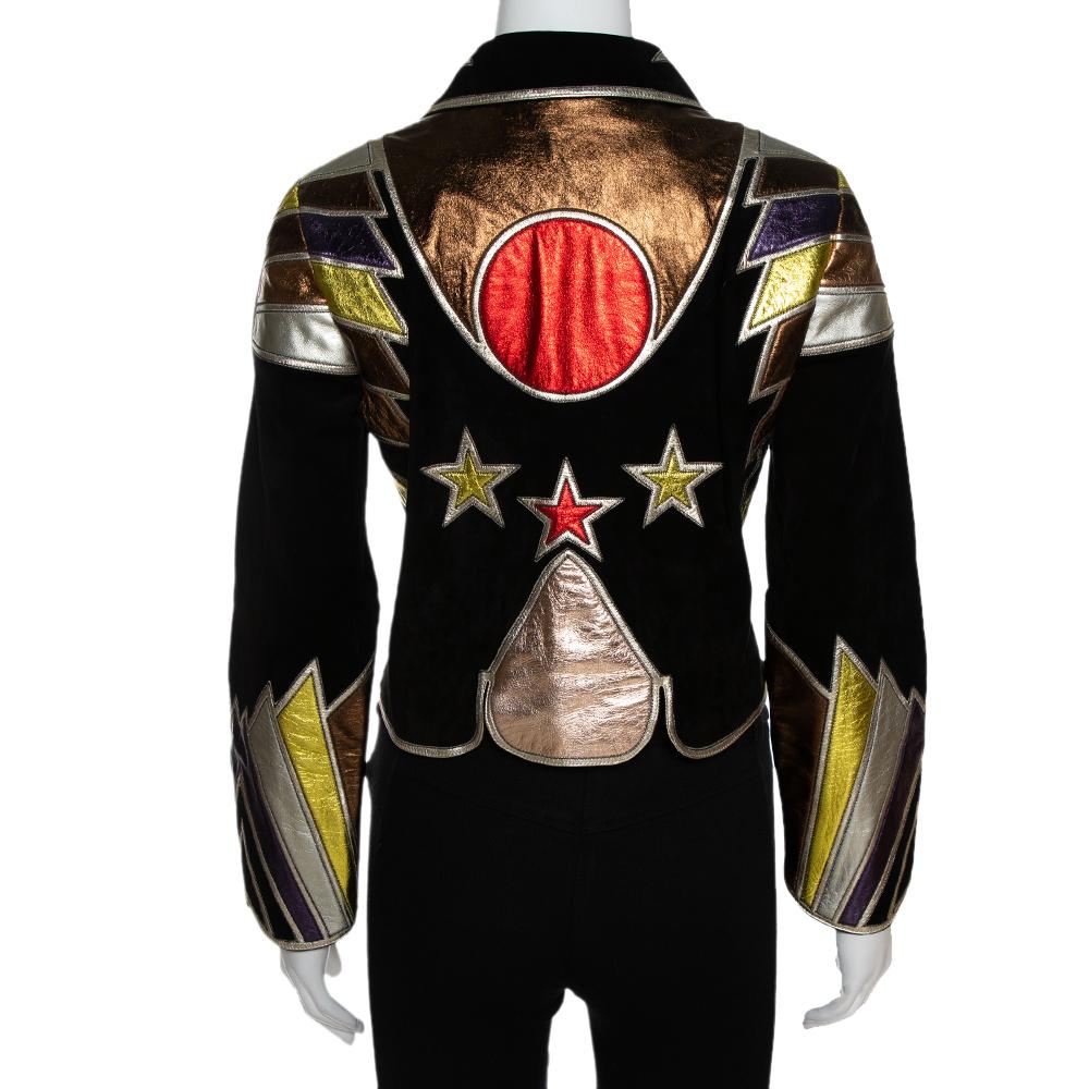 This fabulous jacket was a part of Givenchy's Fall 2016 collection. Having been inspired by the Egyptian and Greek mythology, it brings to life metallic leather patch details that add luxe elements to it. Wide exaggerated collars, a circular zipper,