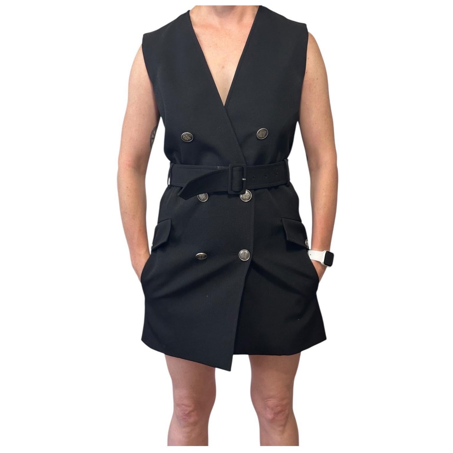 Givenchy Military Wrap Dress size FR 34 black wool twill 4G buttons belt vest