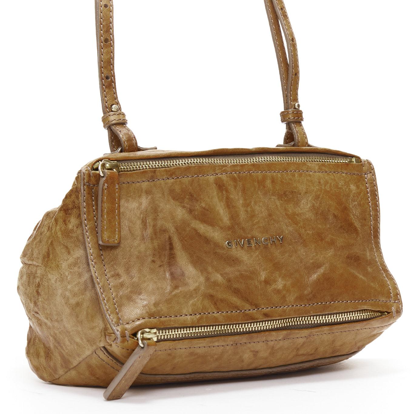 GIVENCHY Mini Pandora brown washed textured leather gold logo crossbody bag In Good Condition In Hong Kong, NT