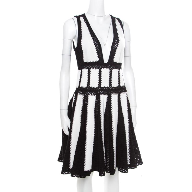 Gray Givenchy Monochrome Open Knit Studded Plunge Neck Detail Paneled Dress S