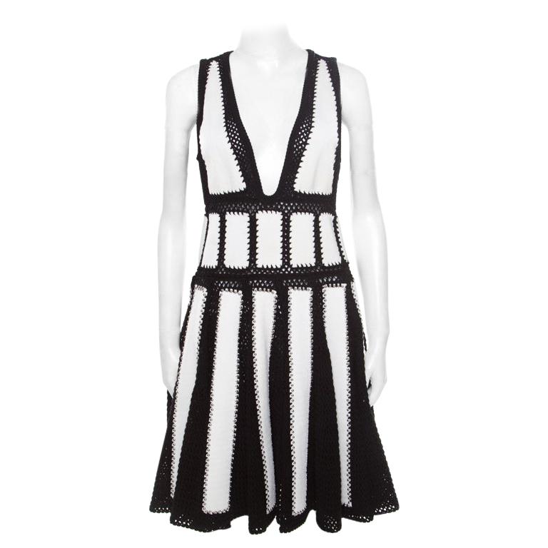 Givenchy Monochrome Open Knit Studded Plunge Neck Detail Paneled Dress S