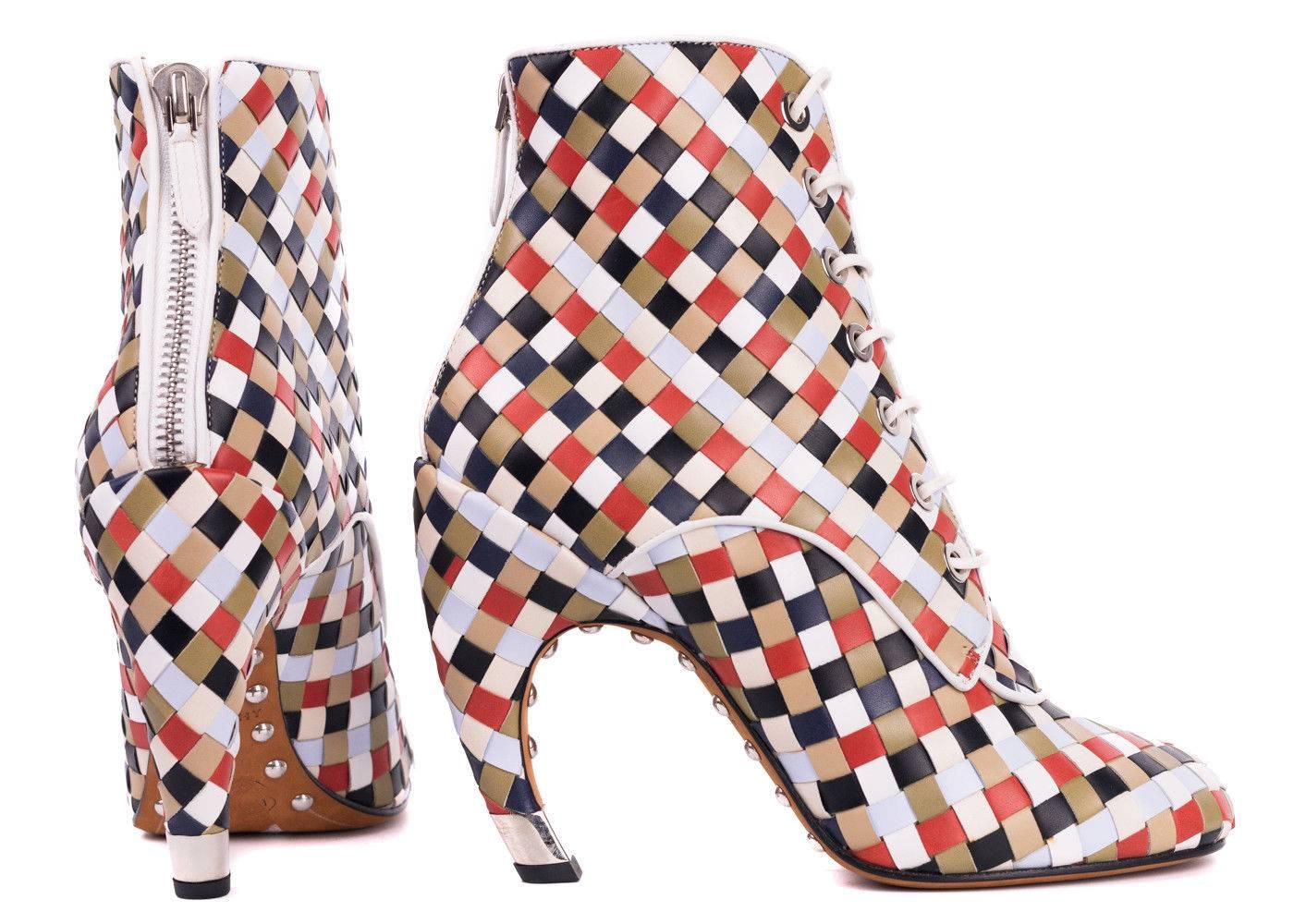 Women's Givenchy Multi-Color Leather Woven Lace Up Booties For Sale