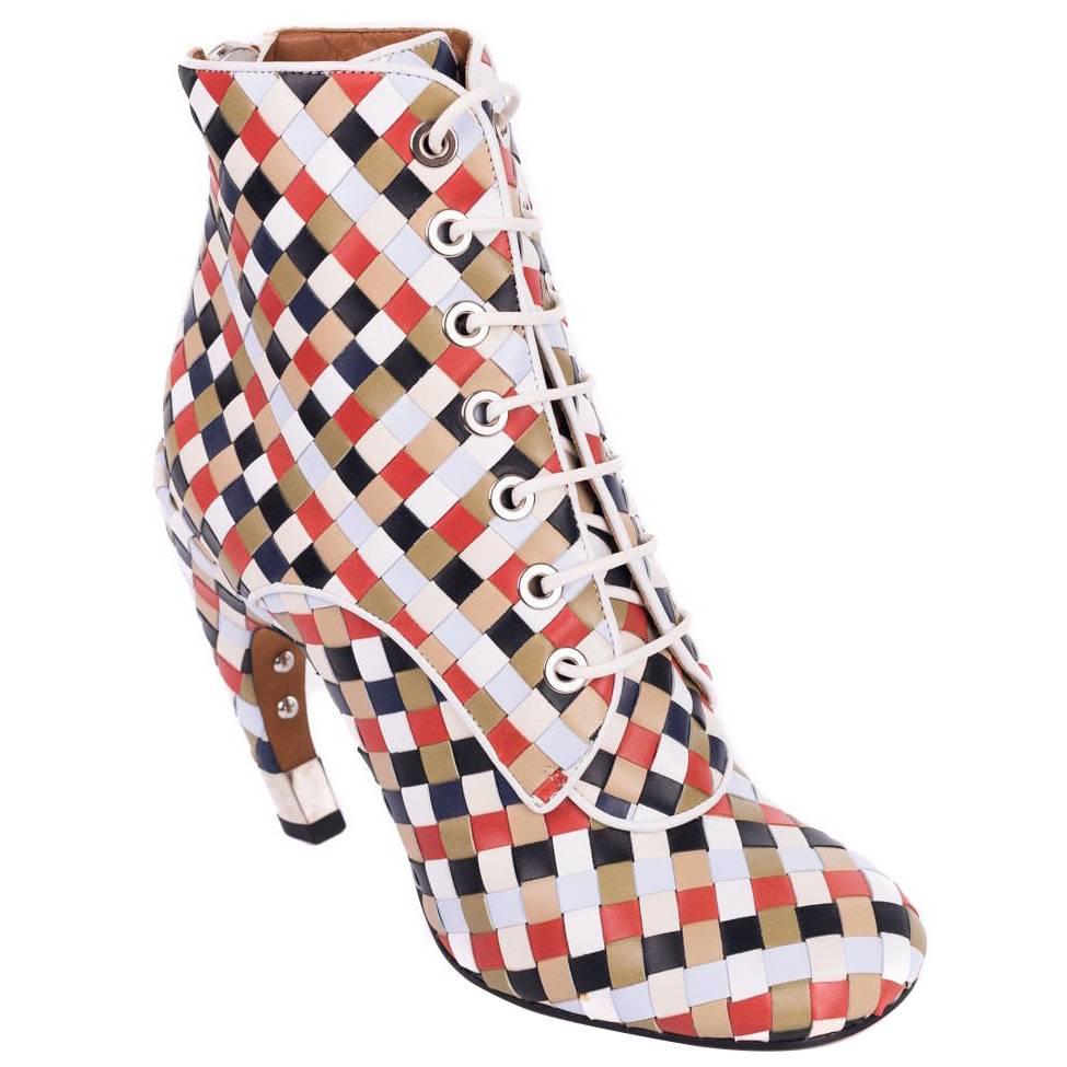 Givenchy Multi-Color Leather Woven Lace Up Booties For Sale