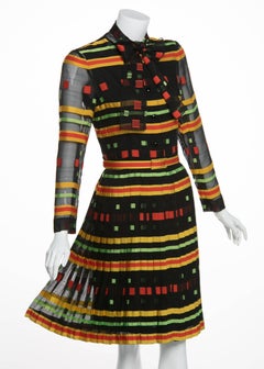 Givenchy Multicolored Striped Pleated  Silk Bow Belted Dress, 1970s