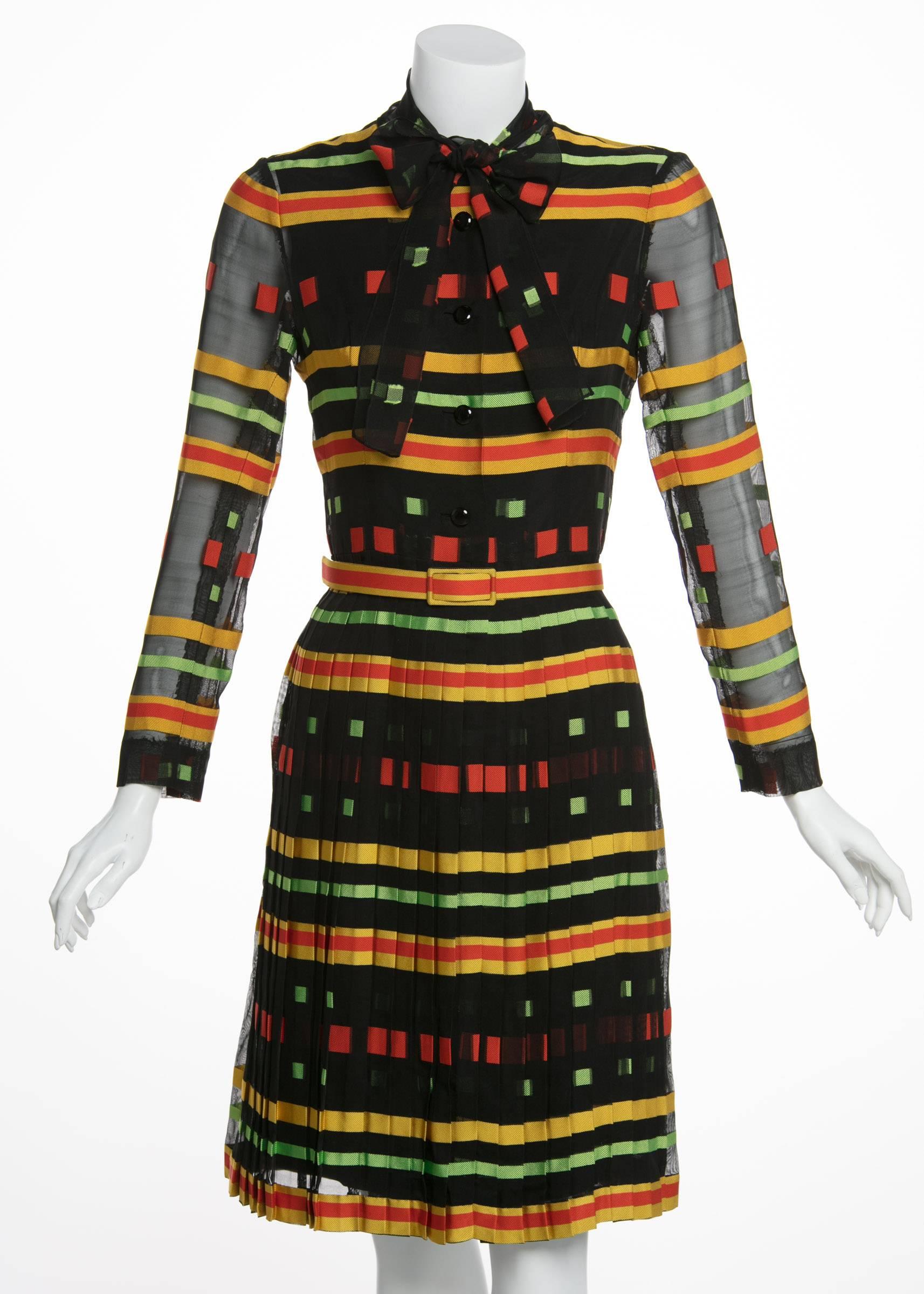 Black Givenchy Multicolored Striped Pleated  Silk Bow Belted Dress, 1970s 